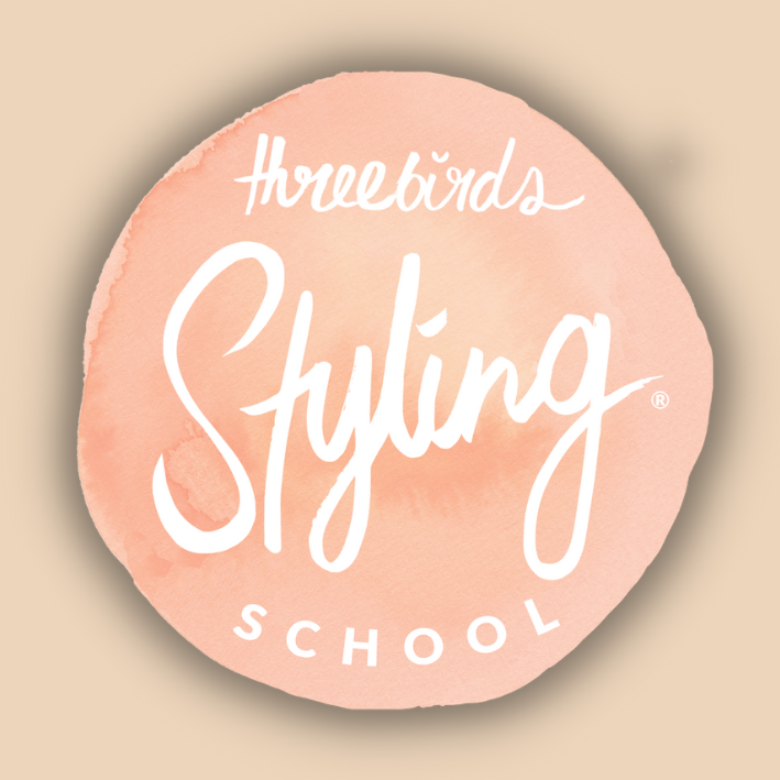 "Three Birds Styling School" logo with a pink watercolor circle background.
