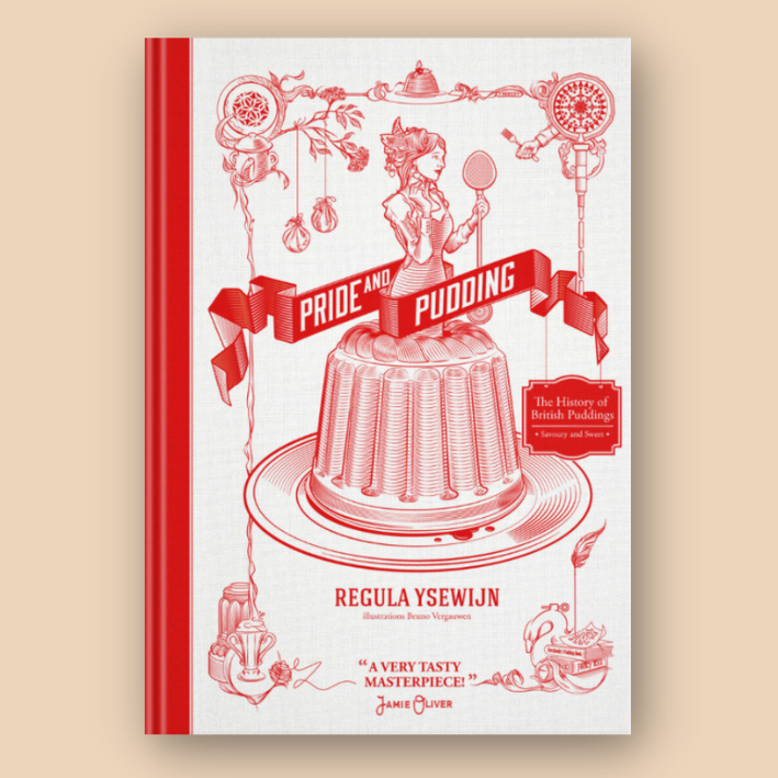 Book cover of 'Pride and Pudding' featuring red illustration of a woman standing on a large pudding, holding a spoon, with decorative elements and text. Subtitle reads 'The History of British Puddings: Savoury and Sweet.' Author is Regula Ysewijn.