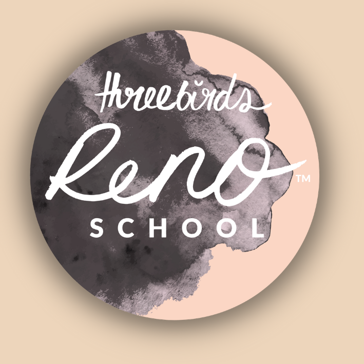 Logo for Three Birds Reno School with watercolor background