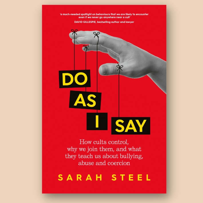 Book cover for "Do As I Say" by Sarah Steel, featuring a puppet hand controlling blocks with the title on a red background.