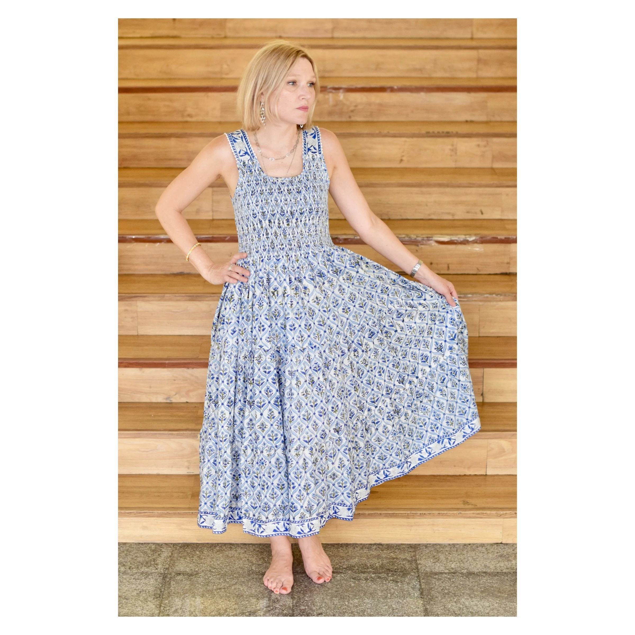 Blue Floral Trellis Midi Dress Block Print