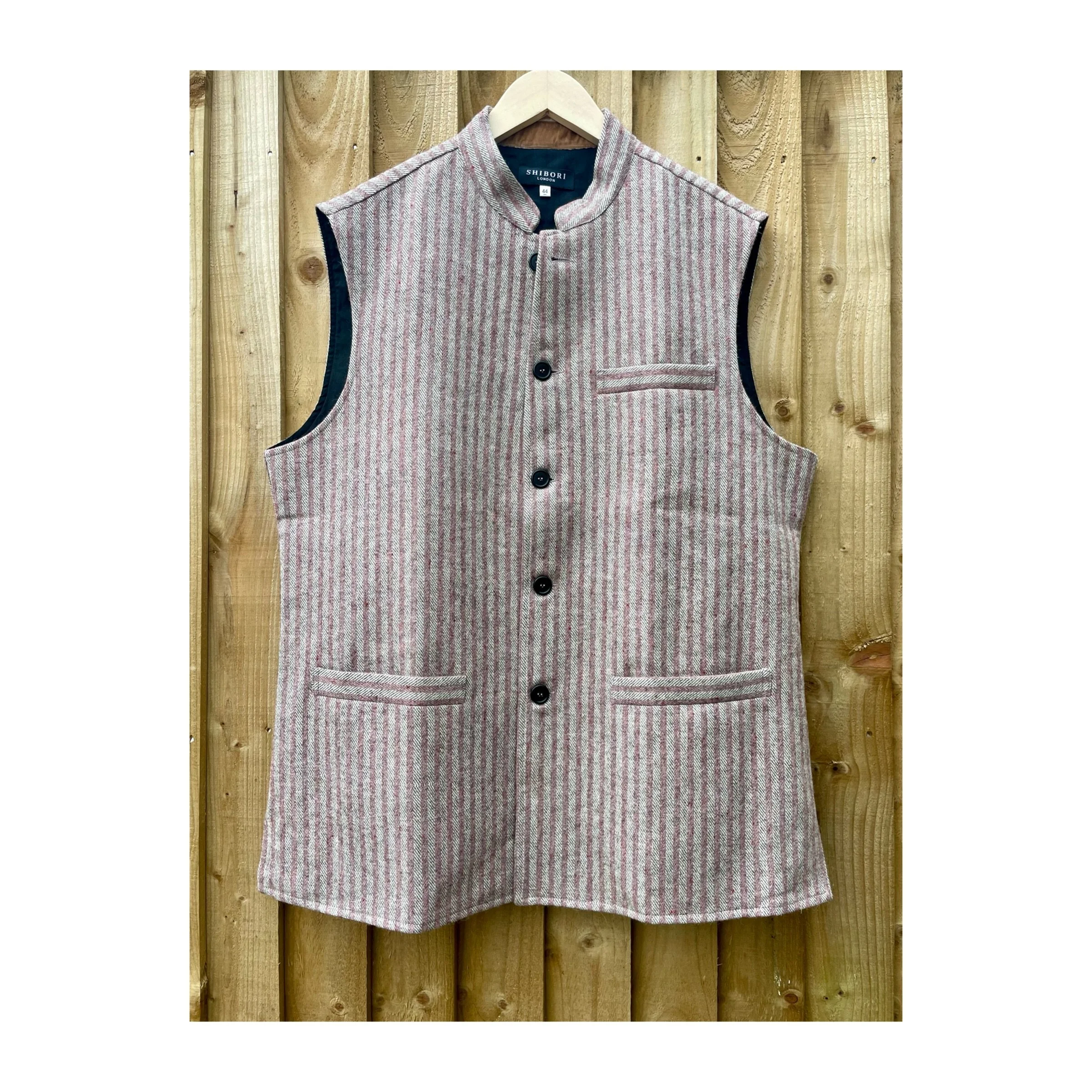 NEHRU WAISTCOAT PINK STRIPE LAMBSWOOL GILET VEST