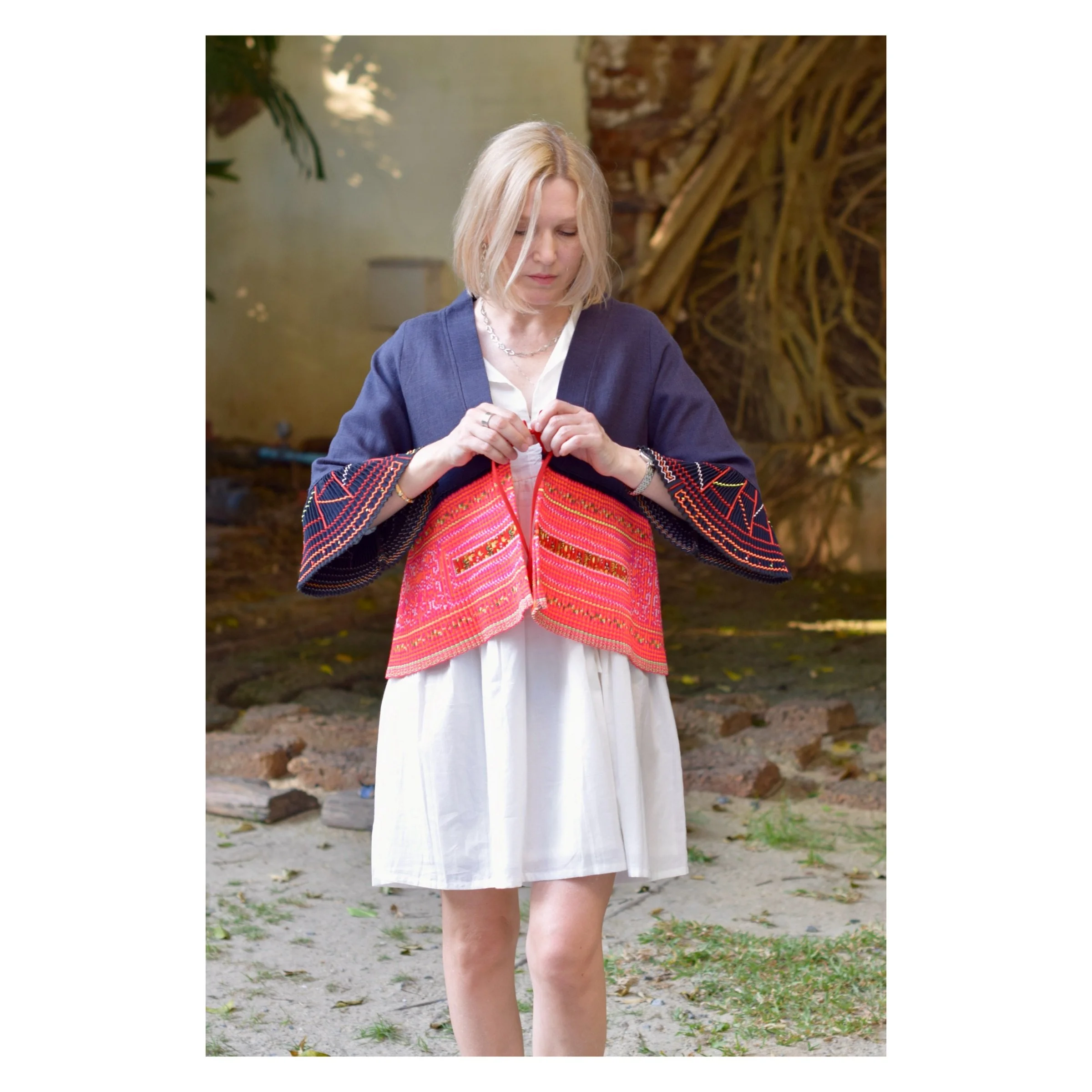 Pleated Pink Hmong Cross Stitch Jacket