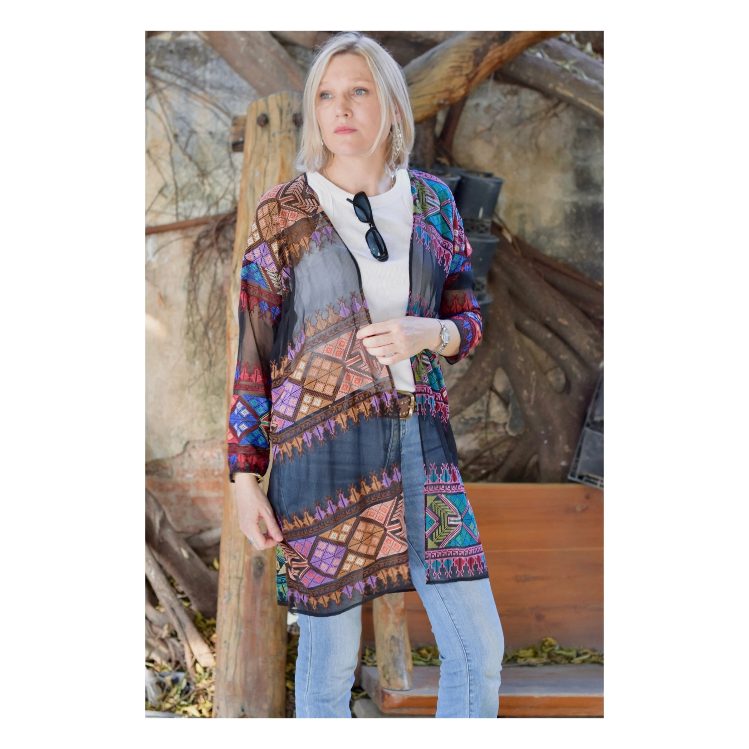 Multi Colour Kimono Embroidery Black Silk