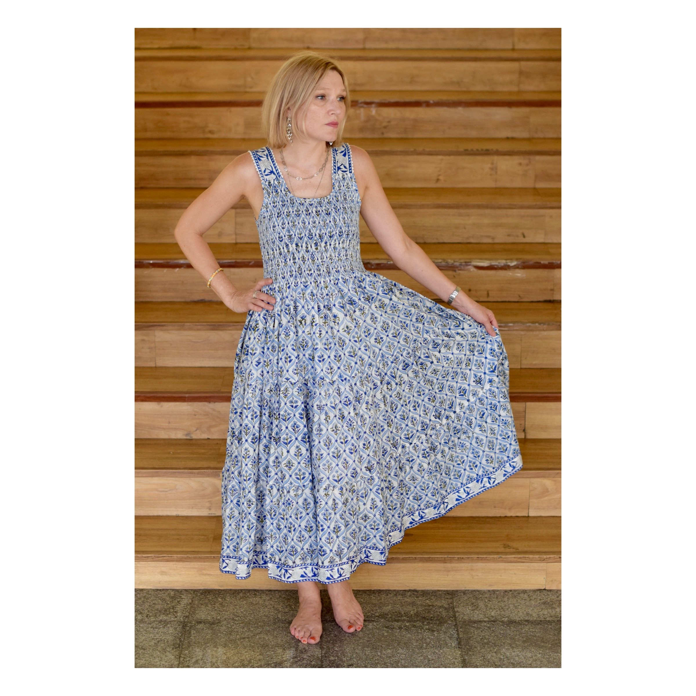 Blue Floral Trellis Midi Dress Block Print