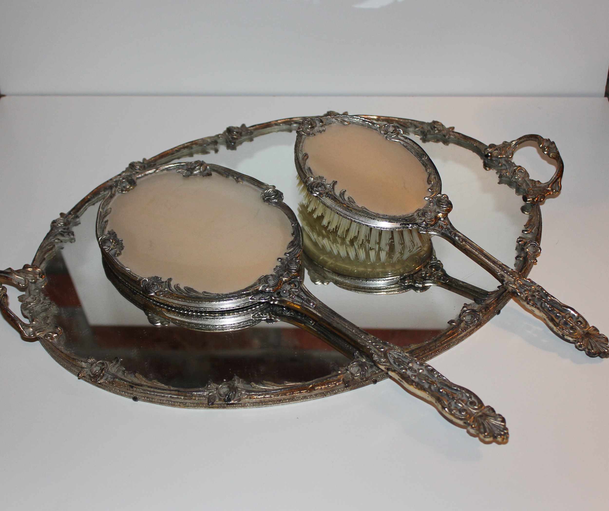 Vintage Dresser Set With Hand Mirror Brush And Mirror Tray