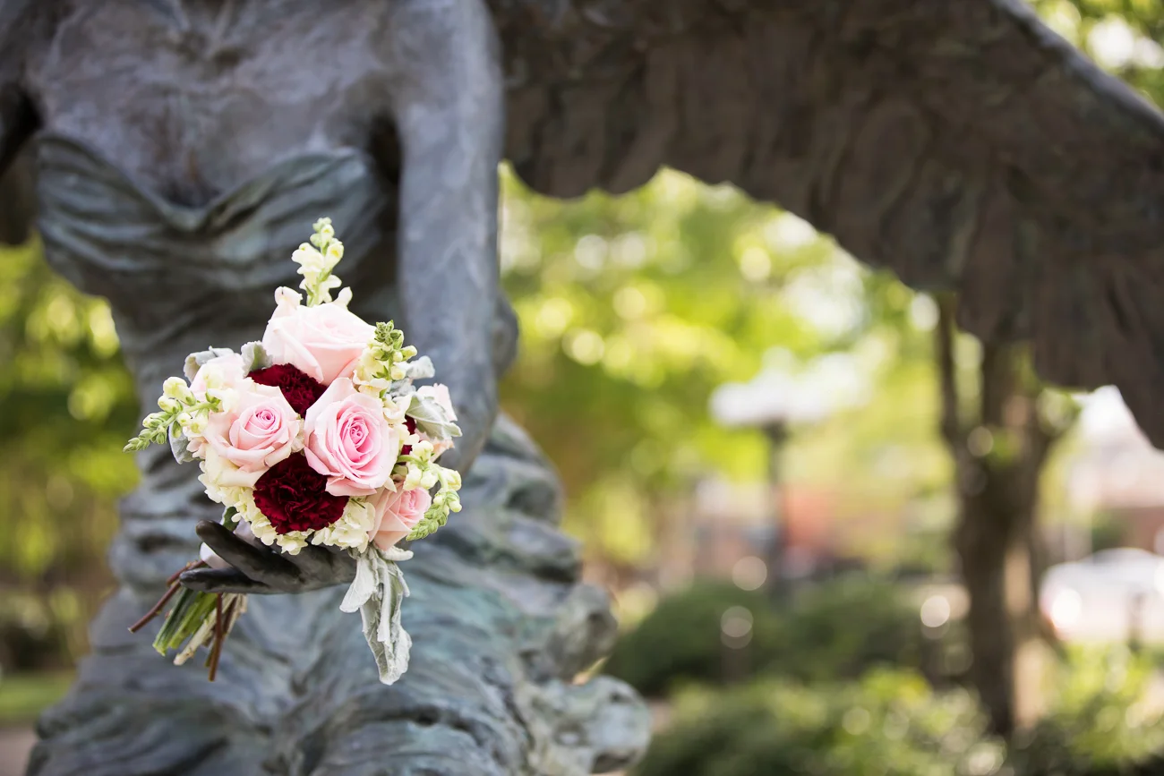 Meryl Fisackerly of The Rambling Rose in Columbus created this sweet, romantic bouquet for Melanie's bridal session. It was so beautiful, of course the Angel of the Chapel of Memories had to take a turn holding it!