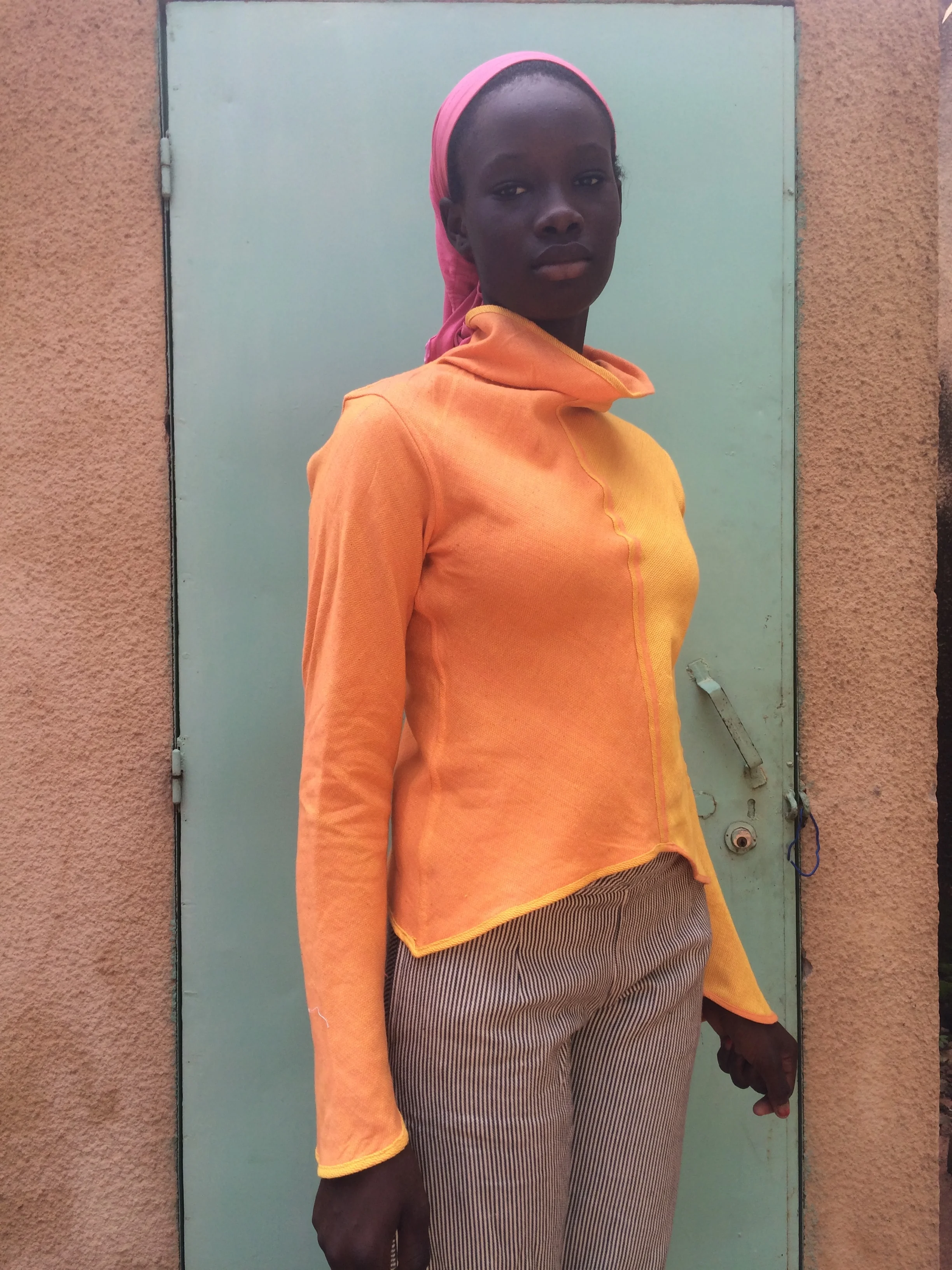sustainable organic cotton yellow orange bias turtle neck shirt, xoomba
