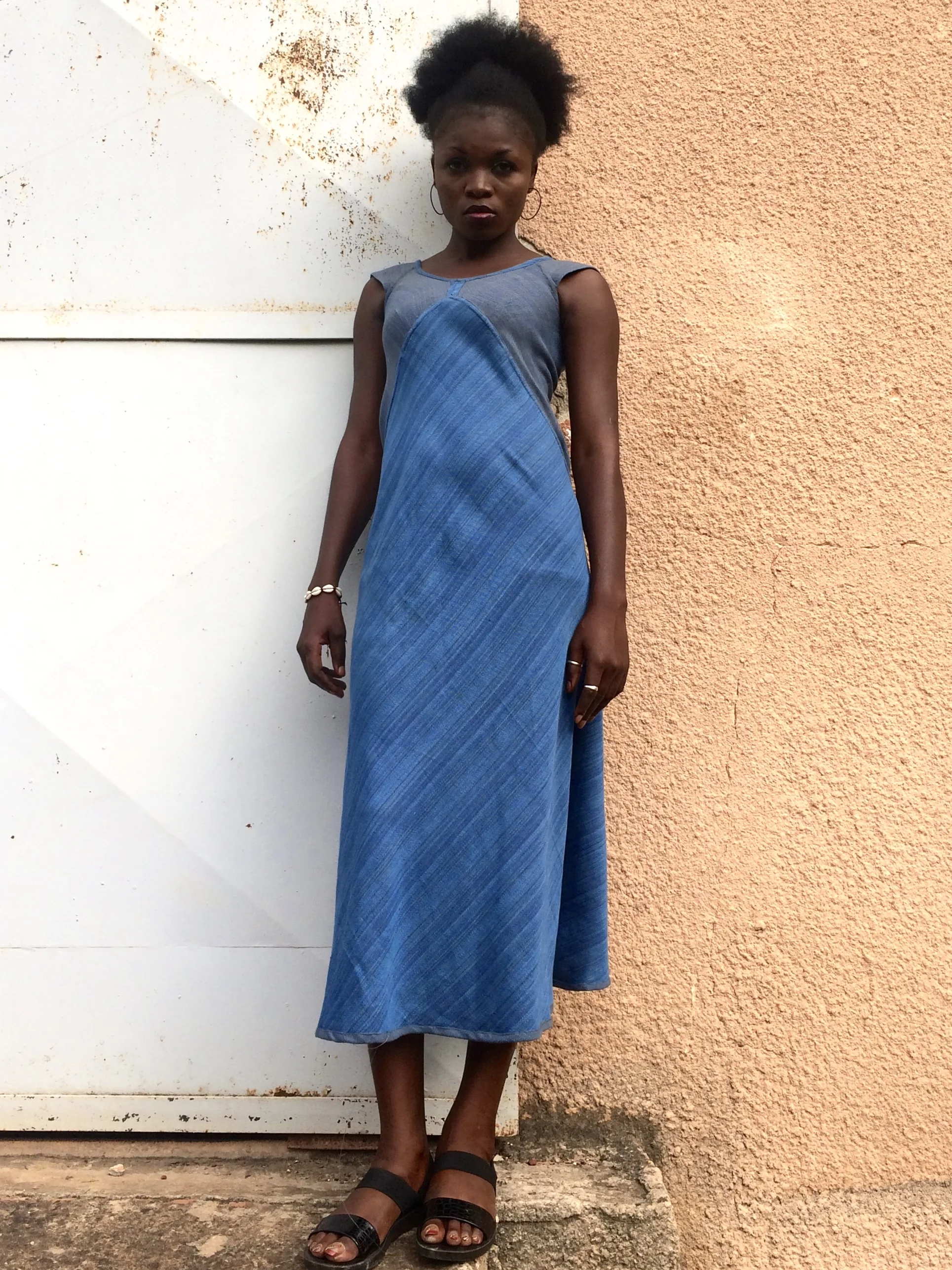 sustainable organic cotton blue and grey V bias dress, xoomba