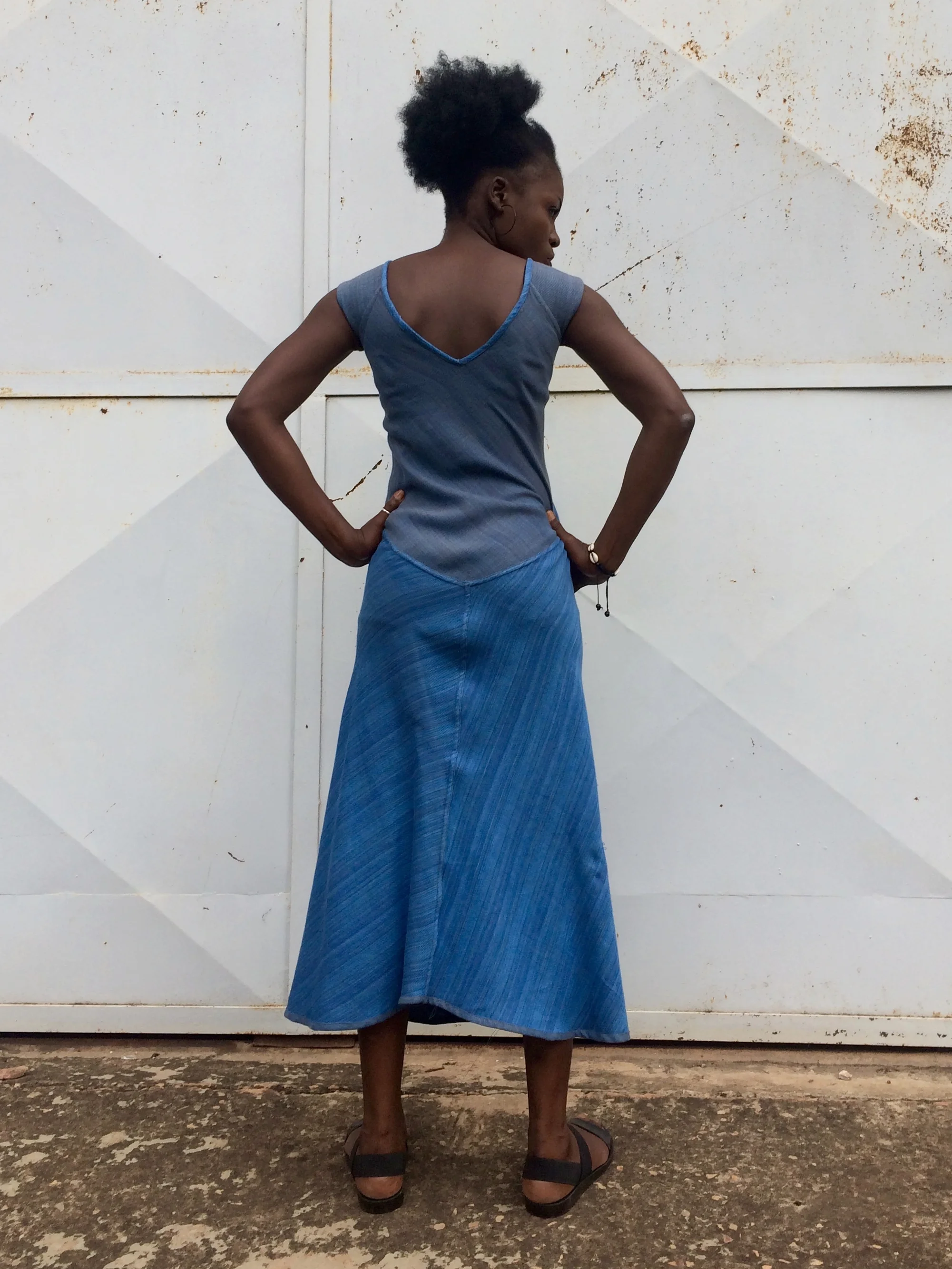 sustainable organic cotton blue and grey V bias dress, xoomba