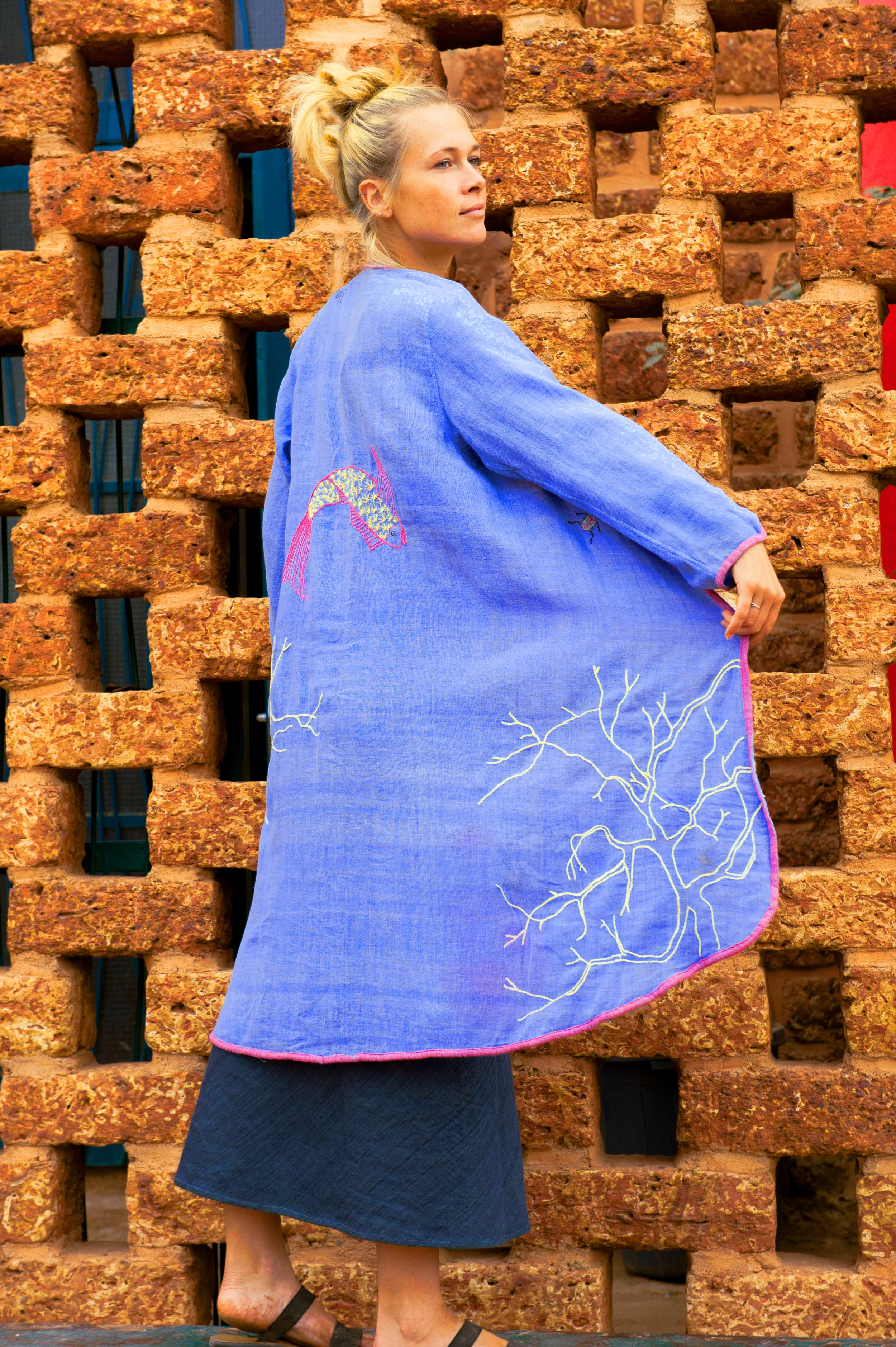 sustainable ethical organic cotton blue kimono coat embroidery fish