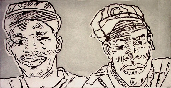   Two Friends From Haiti  Aquatint, 2000 plate size 8 x 16 inches paper size 15 x 22 inches $2200   Inquire   