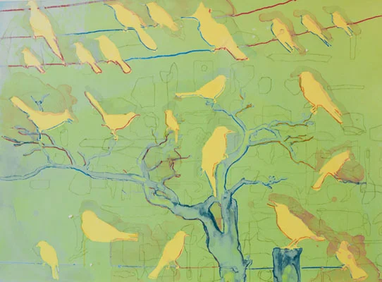 Snared (Yellow Birds), 2012 silkscreen monotype plate size 16 x 1/2 x 23 inches paper size 22 x 27 1/2 inches $700