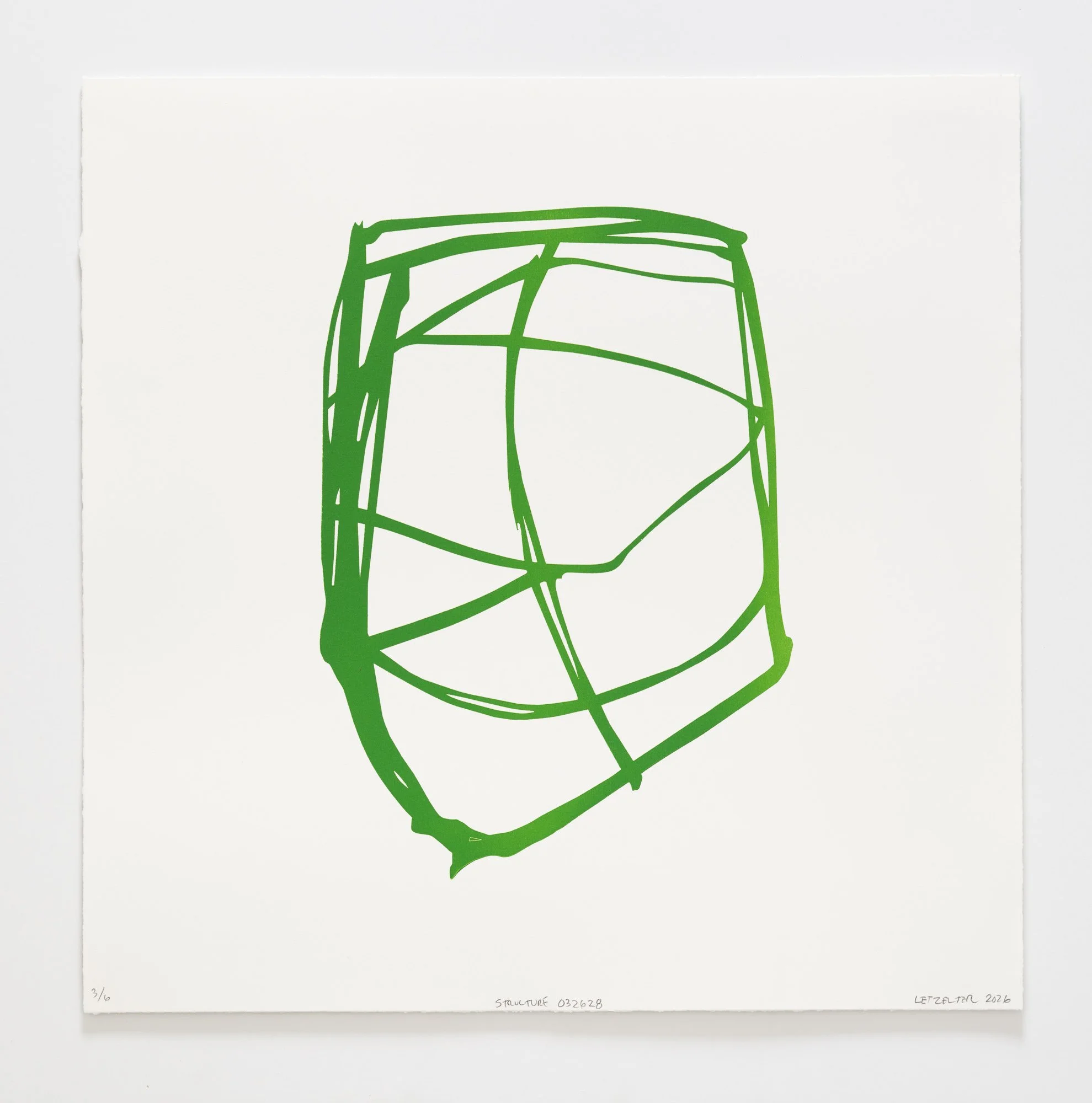  Structure 28 Green. 21”x21” 2026 Color Woodcut. &nbsp;$1200.00 