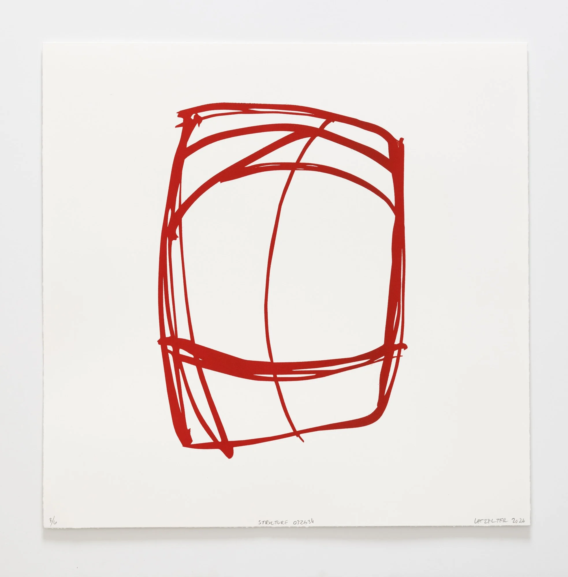  Structure 34 Red.  21”x21” 2026 Color Woodcut. &nbsp;$1200.00 