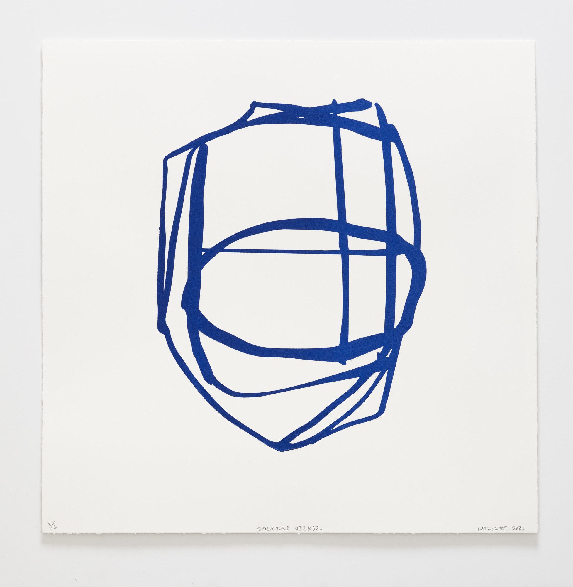  Structure 52 Blue. 21”x21” 2026 Color Woodcut. &nbsp;$1200.00 