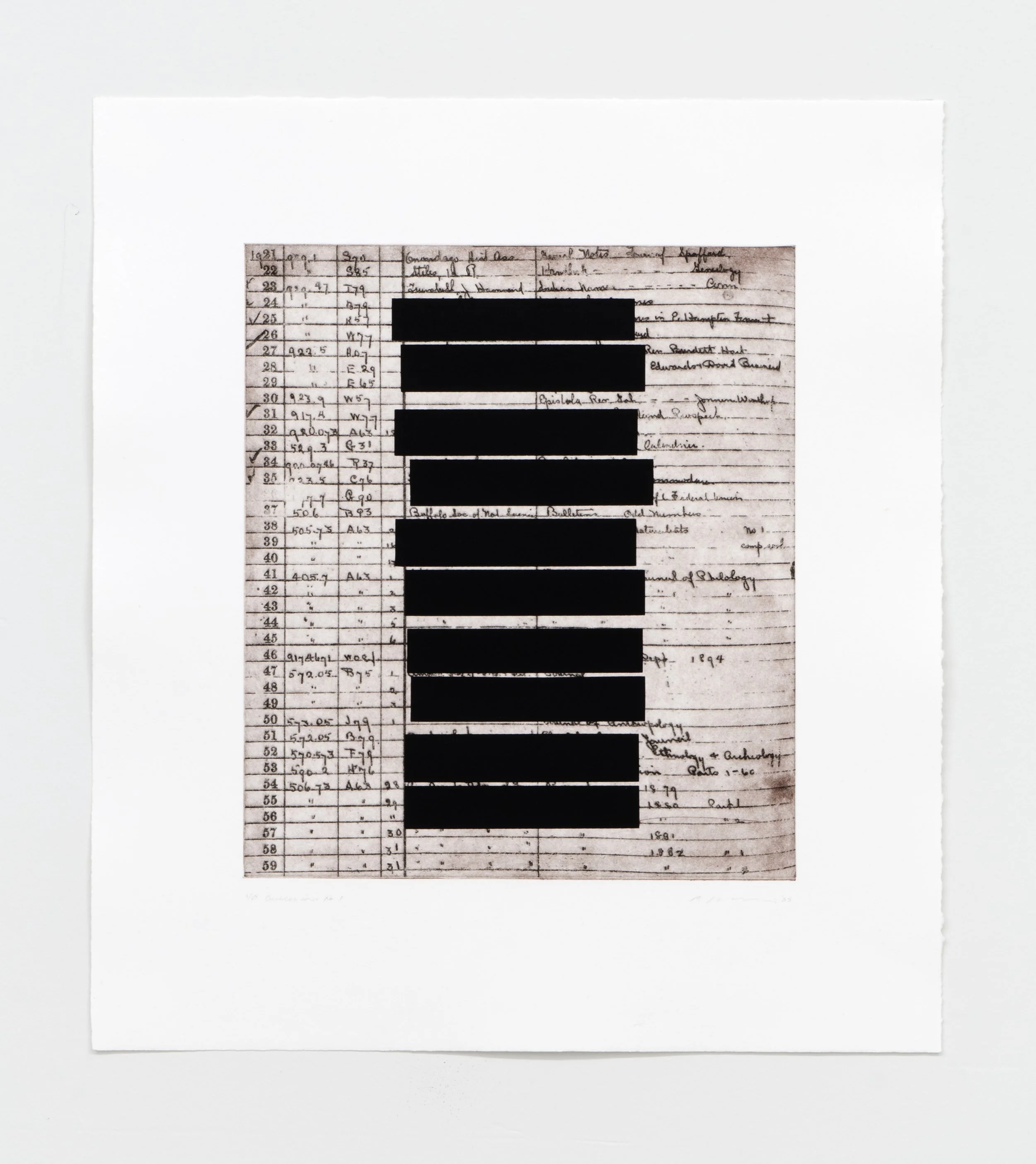  Accessions no. 1. 19.5 × 17.5”. Etching with silk screen. $900 