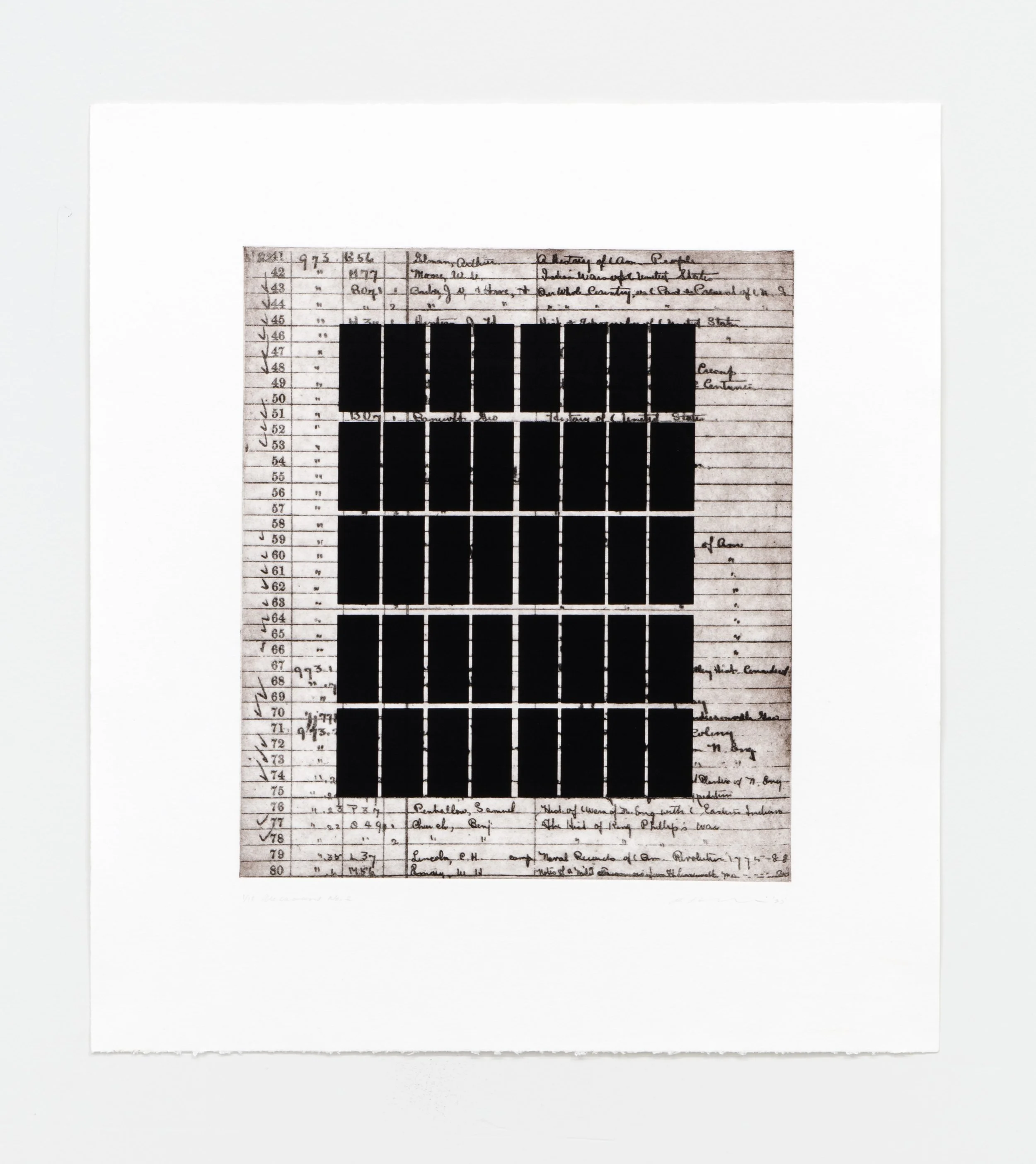  Accessions no. 2. 19.5 × 17.5”. Etching with silk screen. $900 