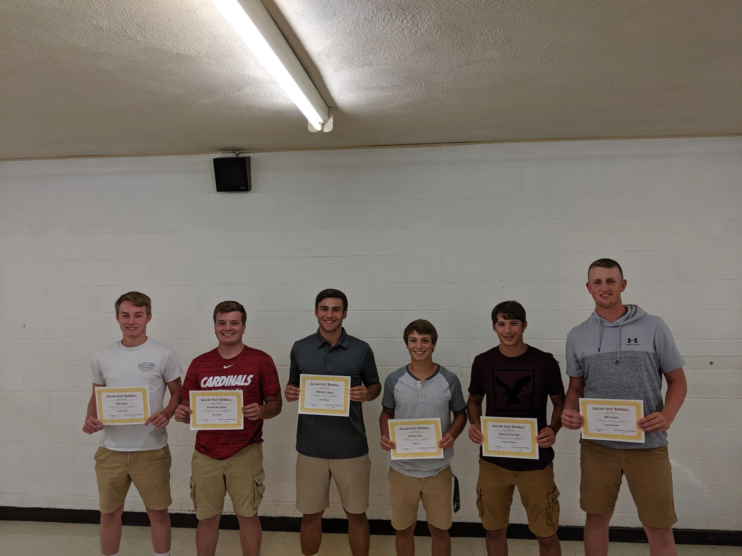 Baseball awards (L to R) Logan Durham (ERA Award), Drew Arnott (Golden Ace Award), Cade Newkirk (Strikeout Leader), Aden Gill (Batting Title, All Big 8 Conference), Rayce Loudermilk (Rookie of the Year), Kaleb Applebey (RBI Leader)