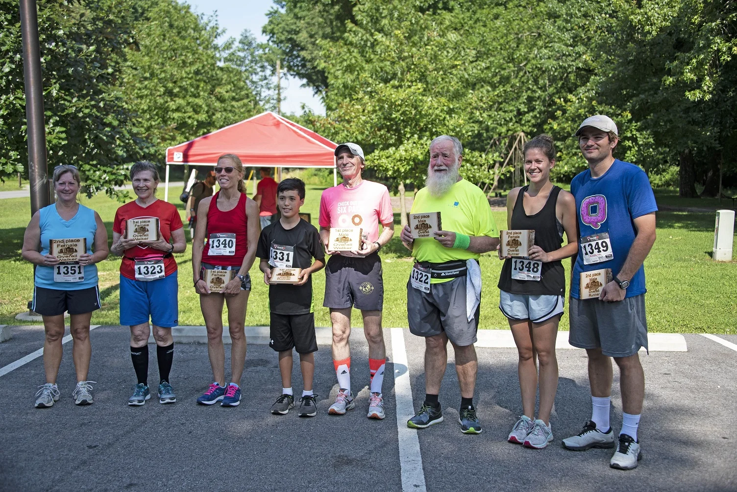 Colleen Cullison (2nd Place Female Walker), Jonna Isaacs (1st Place Female Walker), Barb Brocksmith (Overall Female Runner), Logan Heater (Overall Male Runner), Tony Miksanek (Overall Male Walker), Jim Isaacs (2nd Place Male Walker), Owen Kruse (2nd Place Female Runner), and August Kruse (2nd Place Male Runner).