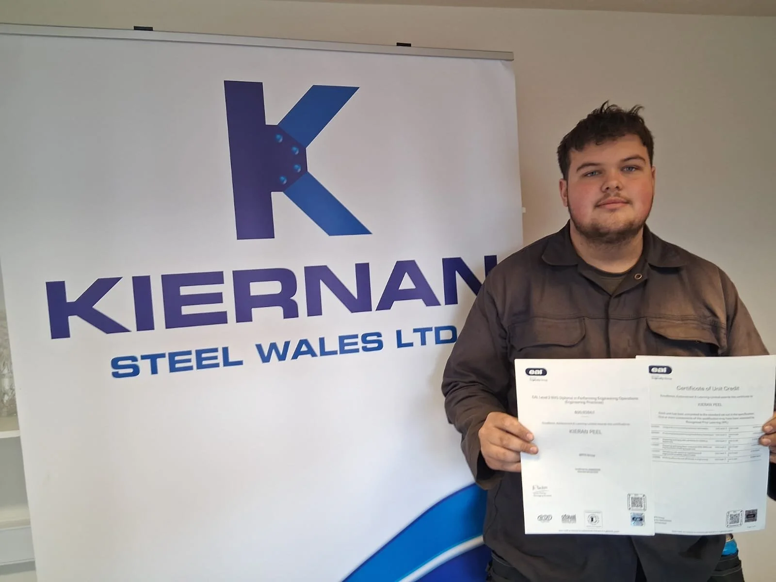 Kieran Peel of Kiernan Steel Wales Ltd, L2 NVQ Performing Engineering Operations (PEO) certificates.