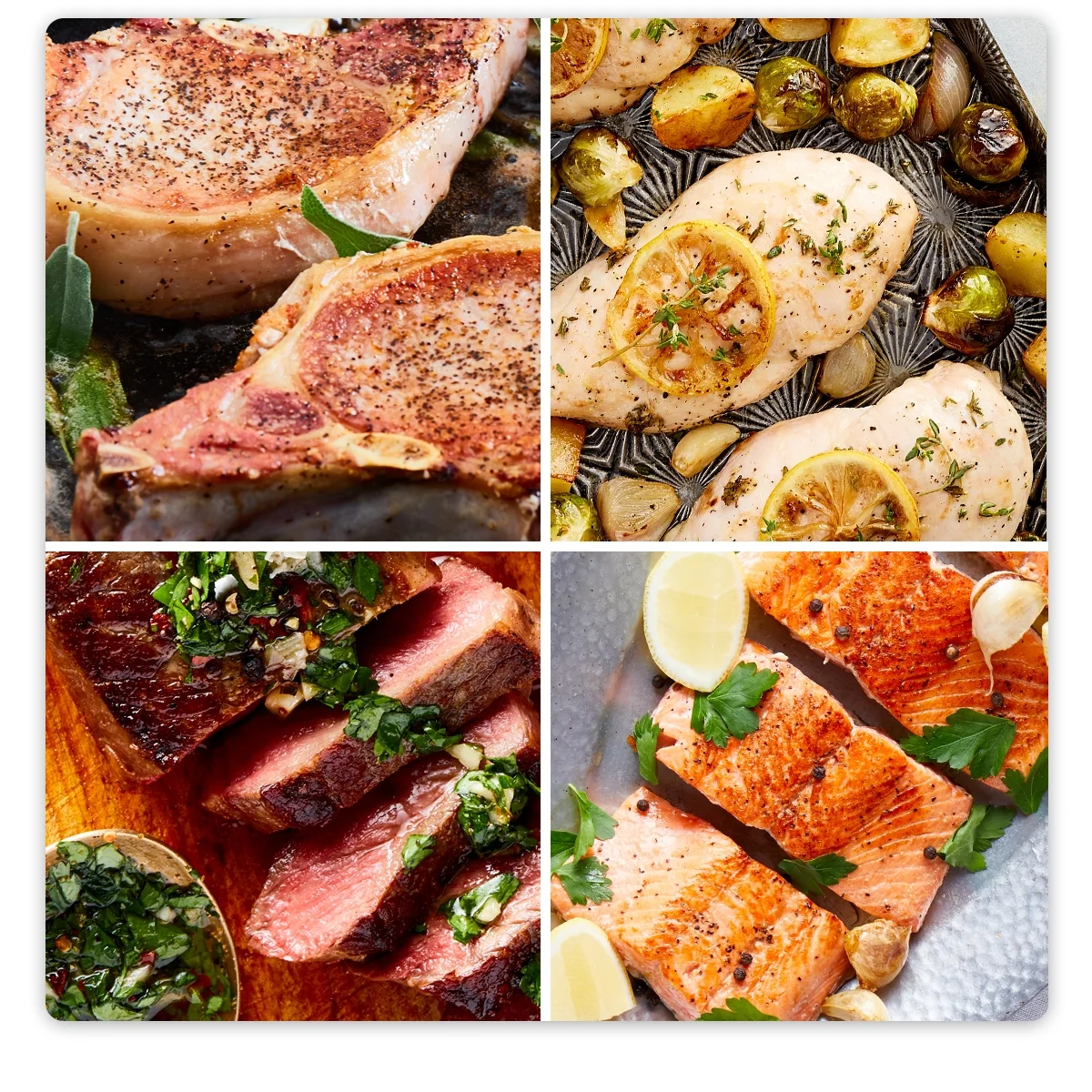Ultimate Sampler Box: Pork, Beef, Chicken & Seafood Box 8.125 lbs, 19 Servings, $5.69/Serving • Organic Boneless Skinless Chicken Breasts ( 2 breasts) • Pasture-Raised Ground Beef 85/15 Fat ( 2 lbs ) • Grass-Fed New York Strip Loin Steaks 2 (10-oz) steaks • Wild-Caught Sockeye Salmon 4-5 pieces (24-oz total) •Pasture-Raised Boneless Pork Loin Chops 2 (6-oz) chops