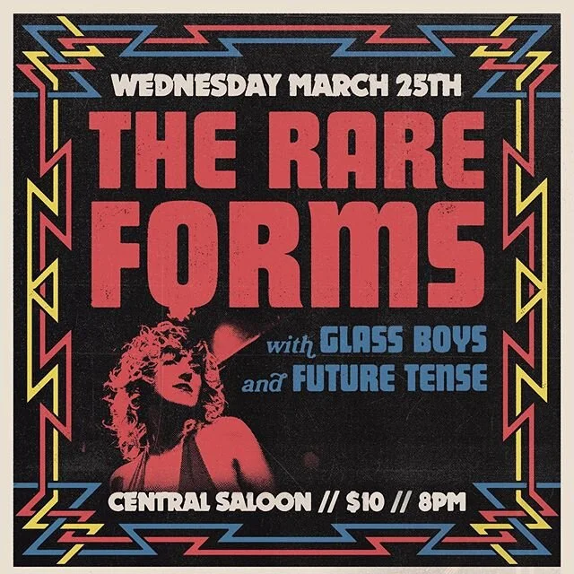 New poster design for @the_rare_forms&rsquo; show March 25th with @glassboysseattle and @future.tense.206 at @centralsaloon! I&rsquo;m currently accepting sliding scale illustration and design collaborations for bands and musicians, hmu if ya wanna w