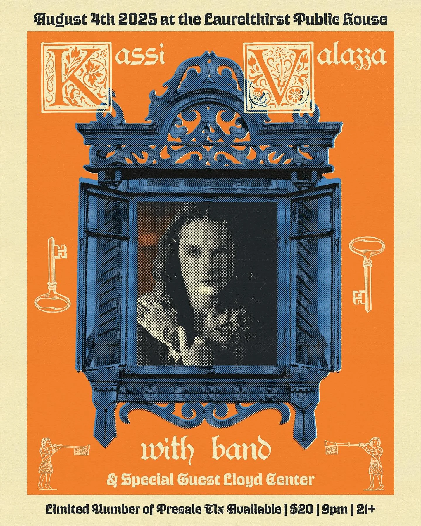 New Poster for an August 4th show with @kassivalazza at @laurelthirstpub! It&rsquo;s a full band show, I&rsquo;ll be on keys and tapey space echo. There are limited advance tix, get em while you can!! Surprise special guest!