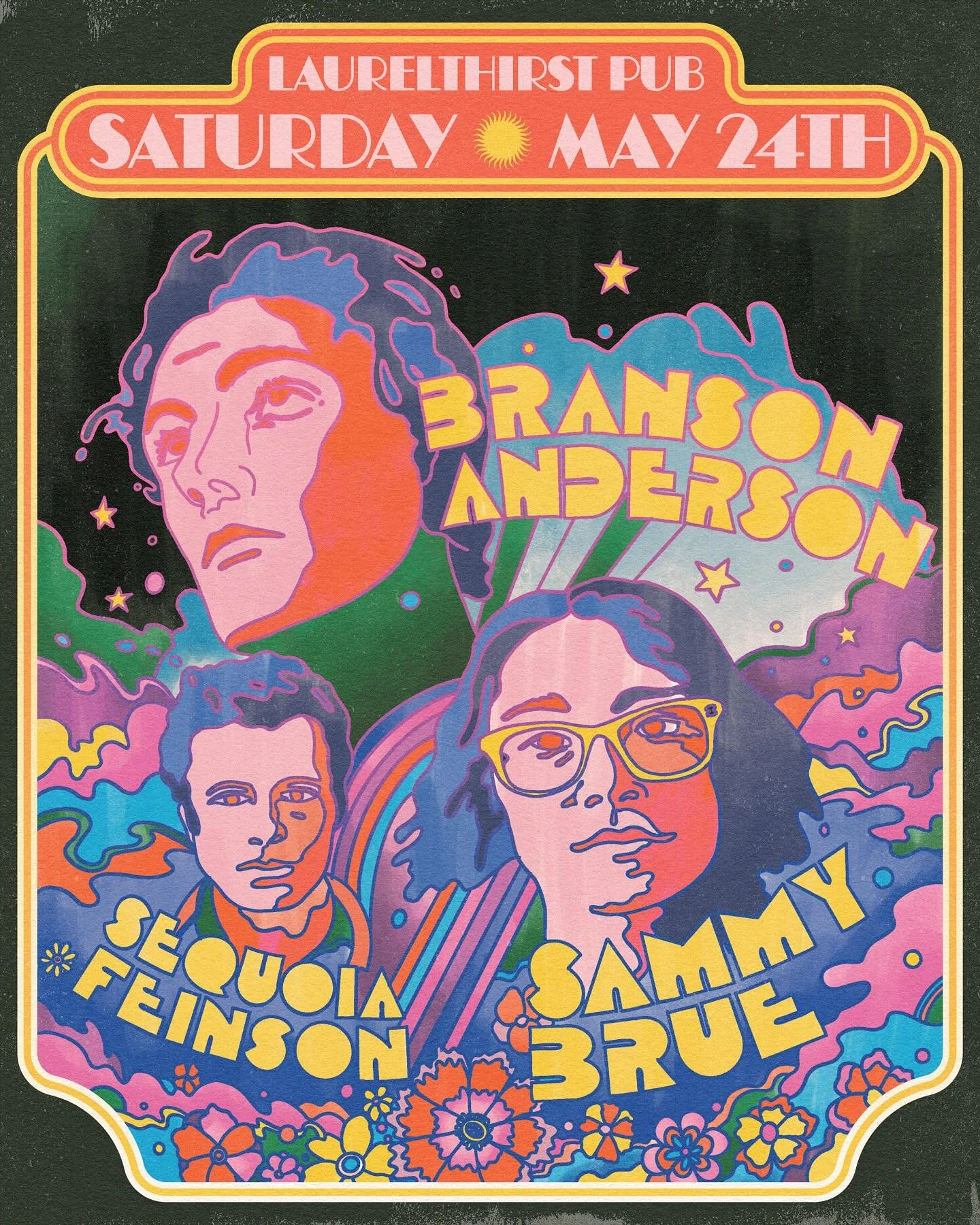 New illustration and design work for a show @kyle.patrick.cregan is putting together at @laurelthirstpub! With @bransonandersonmusic, @sammybrue and @sequoia_music! This is the kind of poster that happens when your client gives you sick references! T