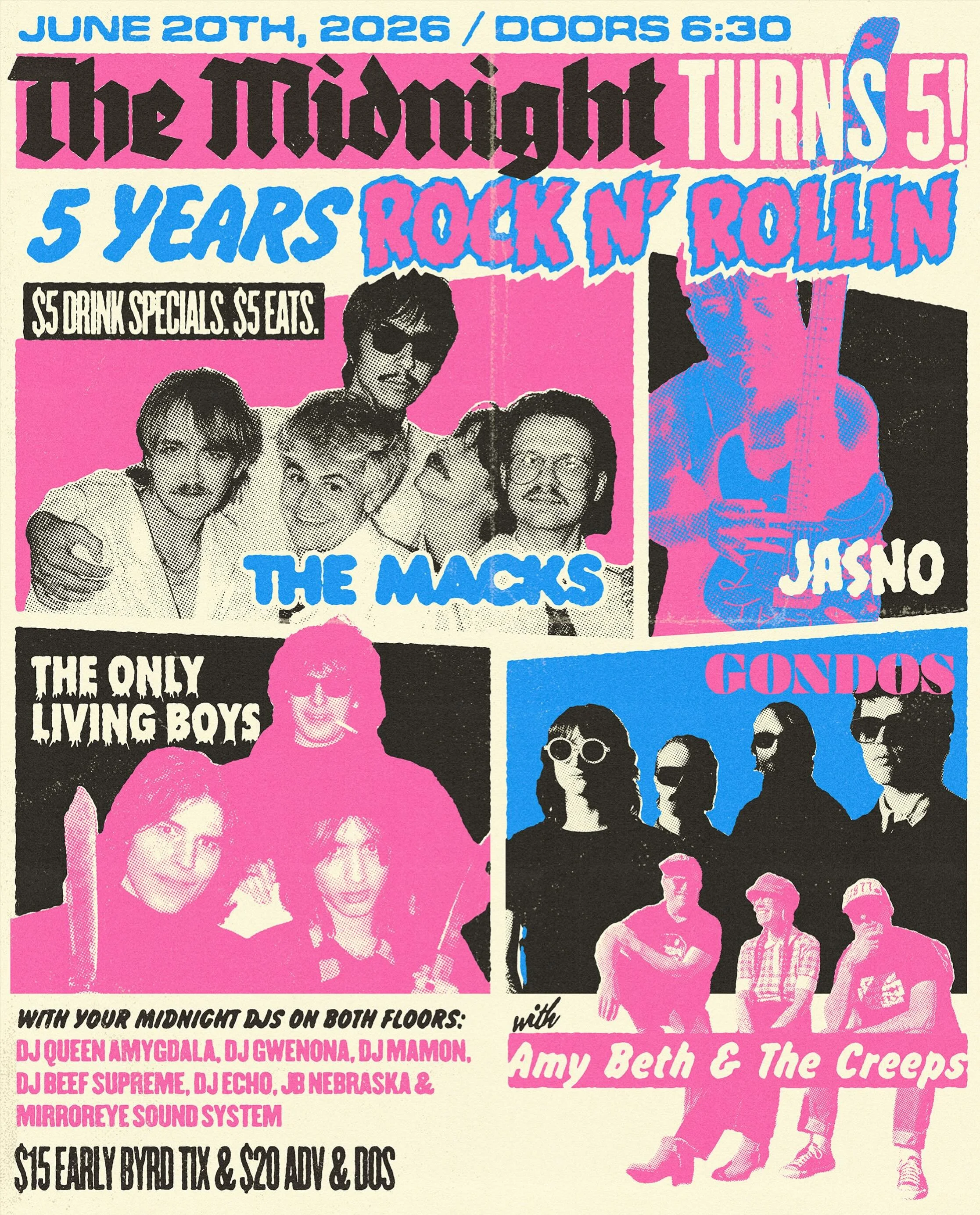 New work! Poster for @themidnightpdx and @thesixpdx celebrating 5 Years of being one of the absolute best spots in town for music, cocktails and vibes!! With @the_macks, @jasnoswarez, @theonlylivingboys, @gondosband, @amybeth.and.theecreeps and DJs @