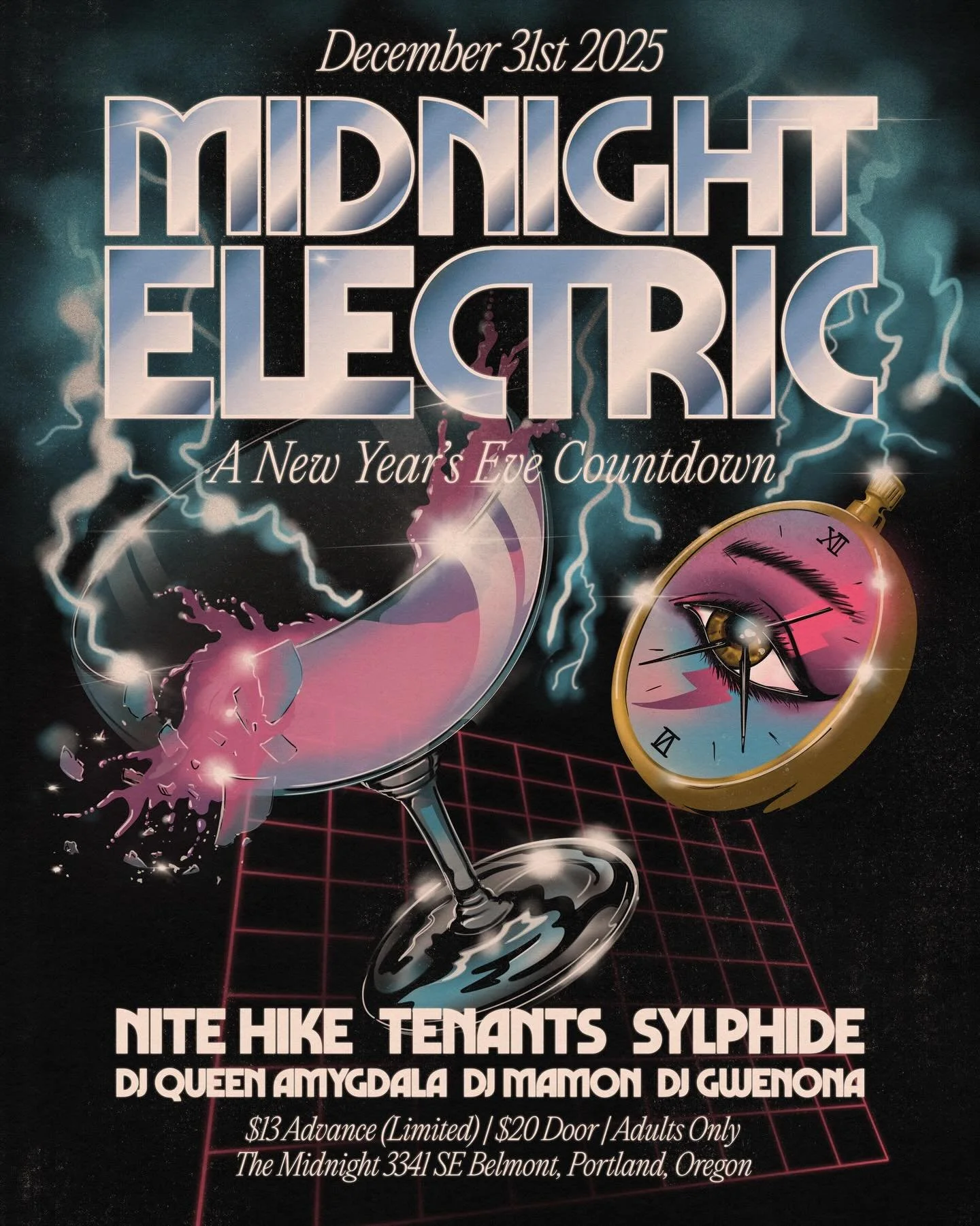 New work for @themidnightpdx. 80s airbrush vaporwave inspiration. @nitehikenoises @tenantsband @sylphideband @djqueenamygdala @dj_mamon_ @gwenona @thesixpdx