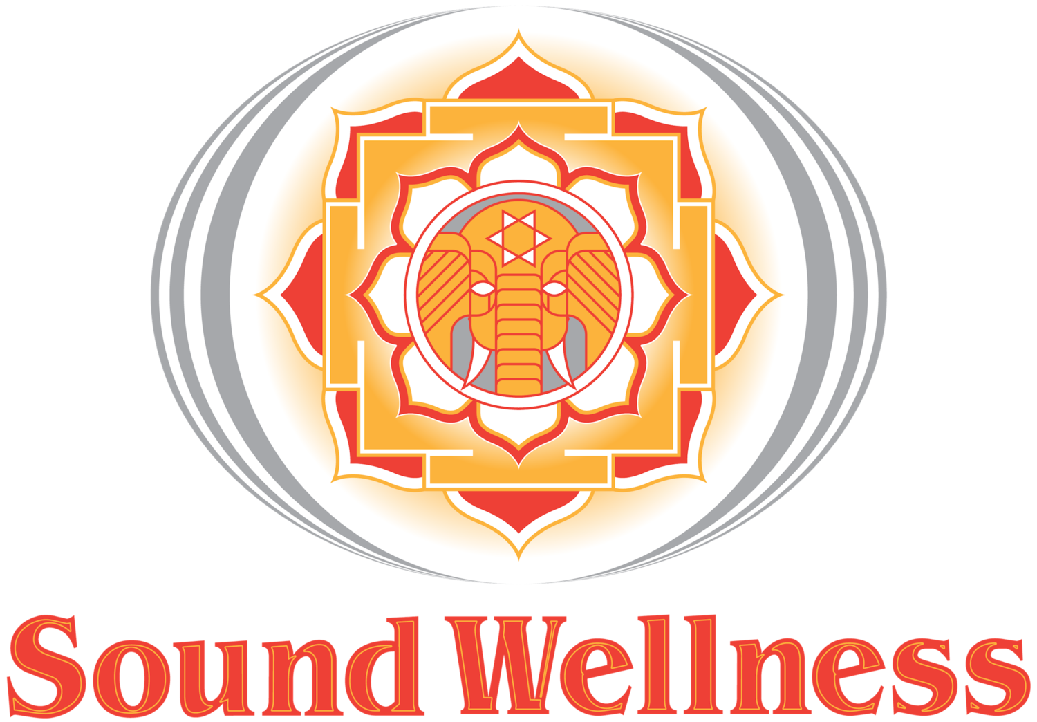 A logo featuring a stylized elephant head inside a mandala with red, orange, and white colors, and the text 'Sound Wellness' in a red neon-style font.
