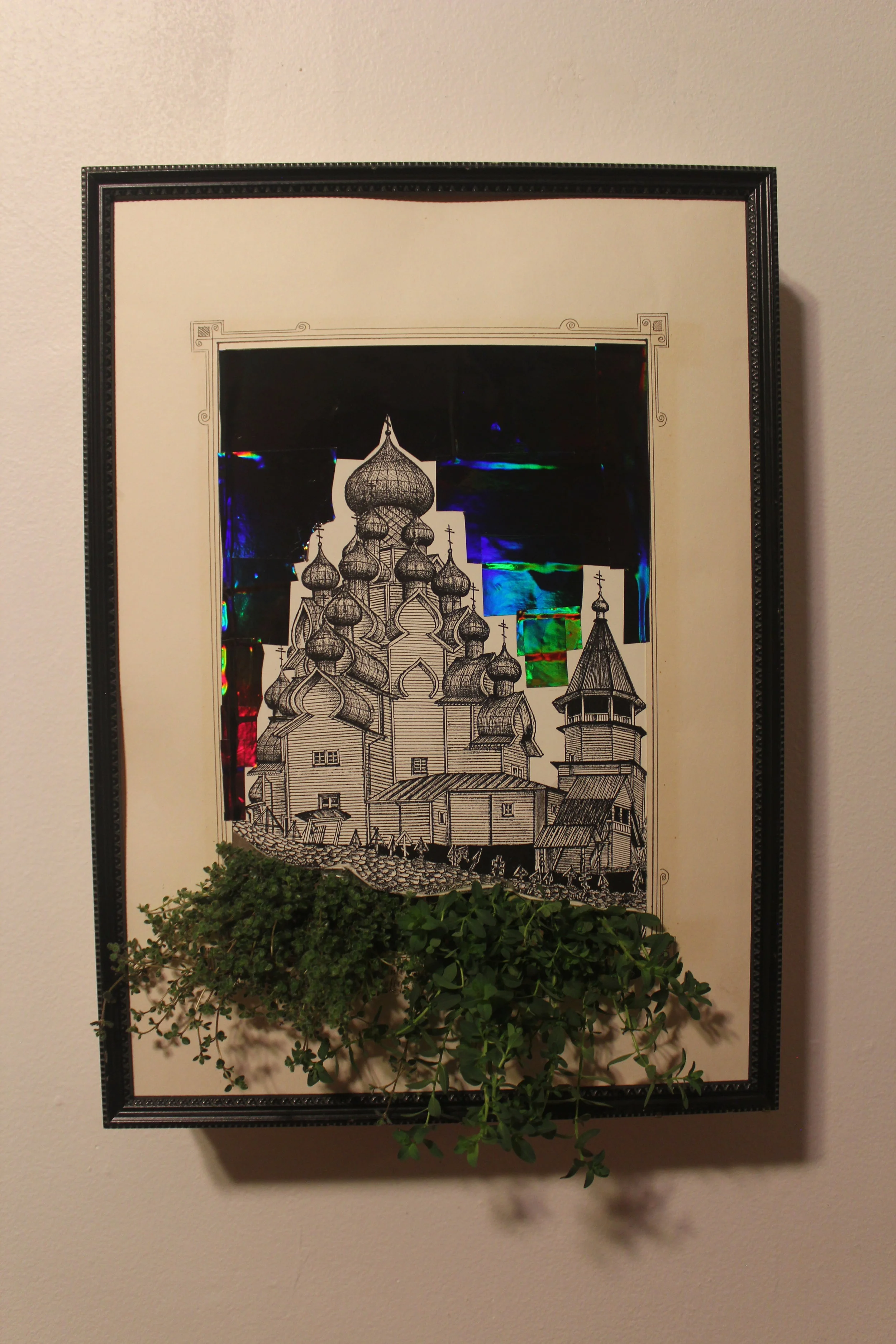  Another one of the artworks from my closing show, titled “ Church of Transfiguration” . It incorporates remixed found artwork and live plants of cultural and symbolic significance to the original artwork 