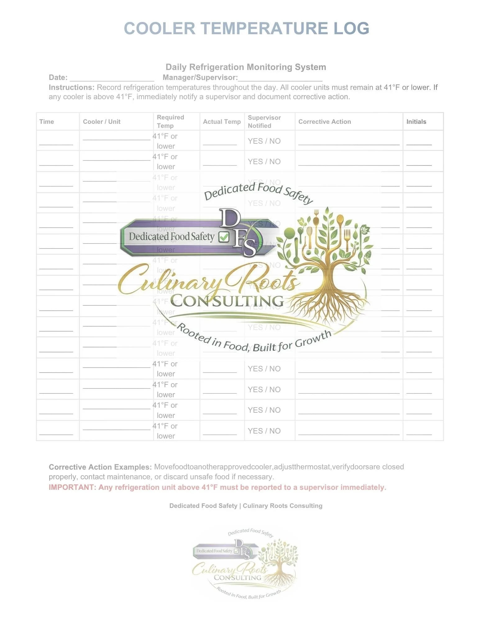 Cooler Temperature Log -PDF (Downloadable)