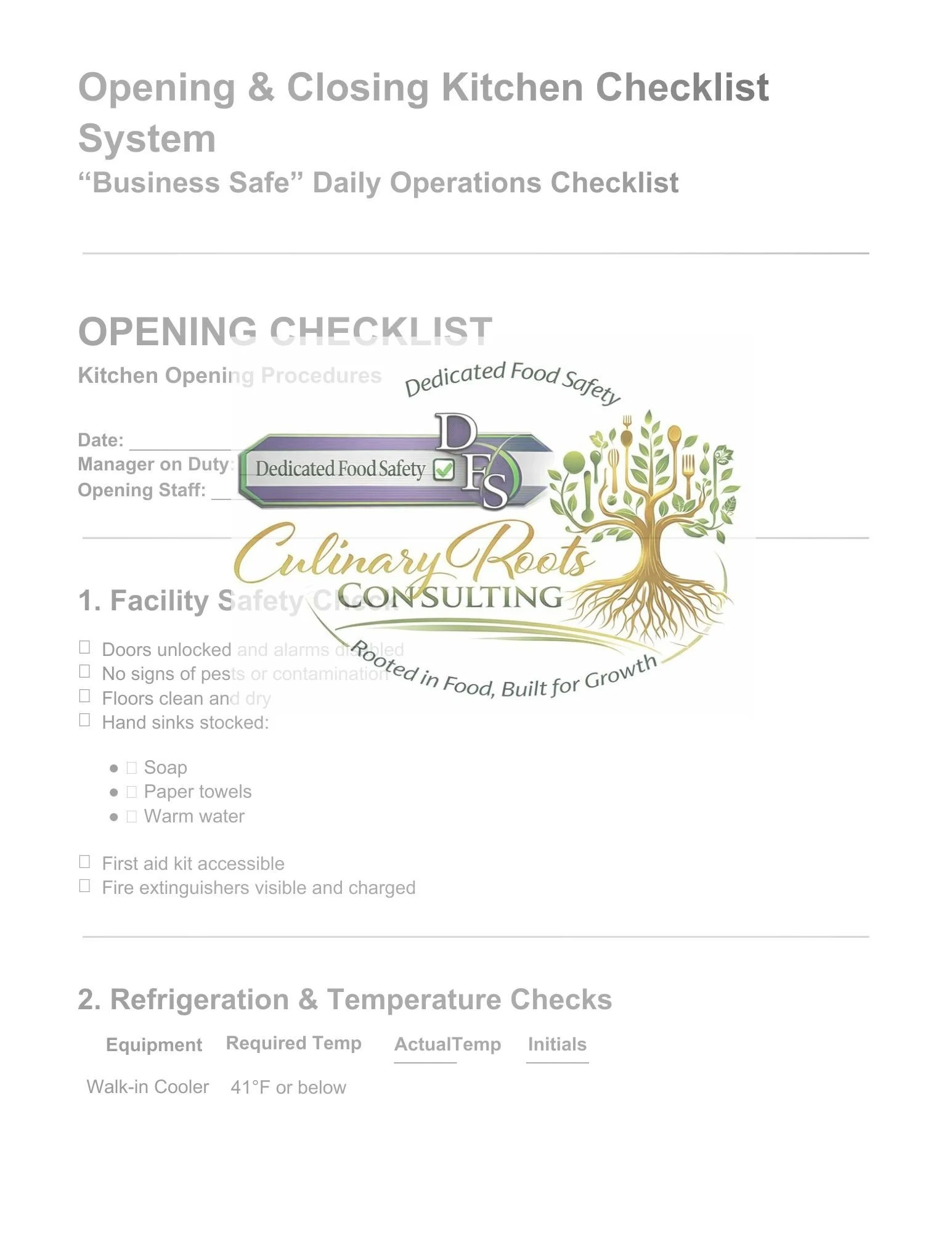 Opening & Closing Kitchen Checklist System-PDF. (Downloadable)