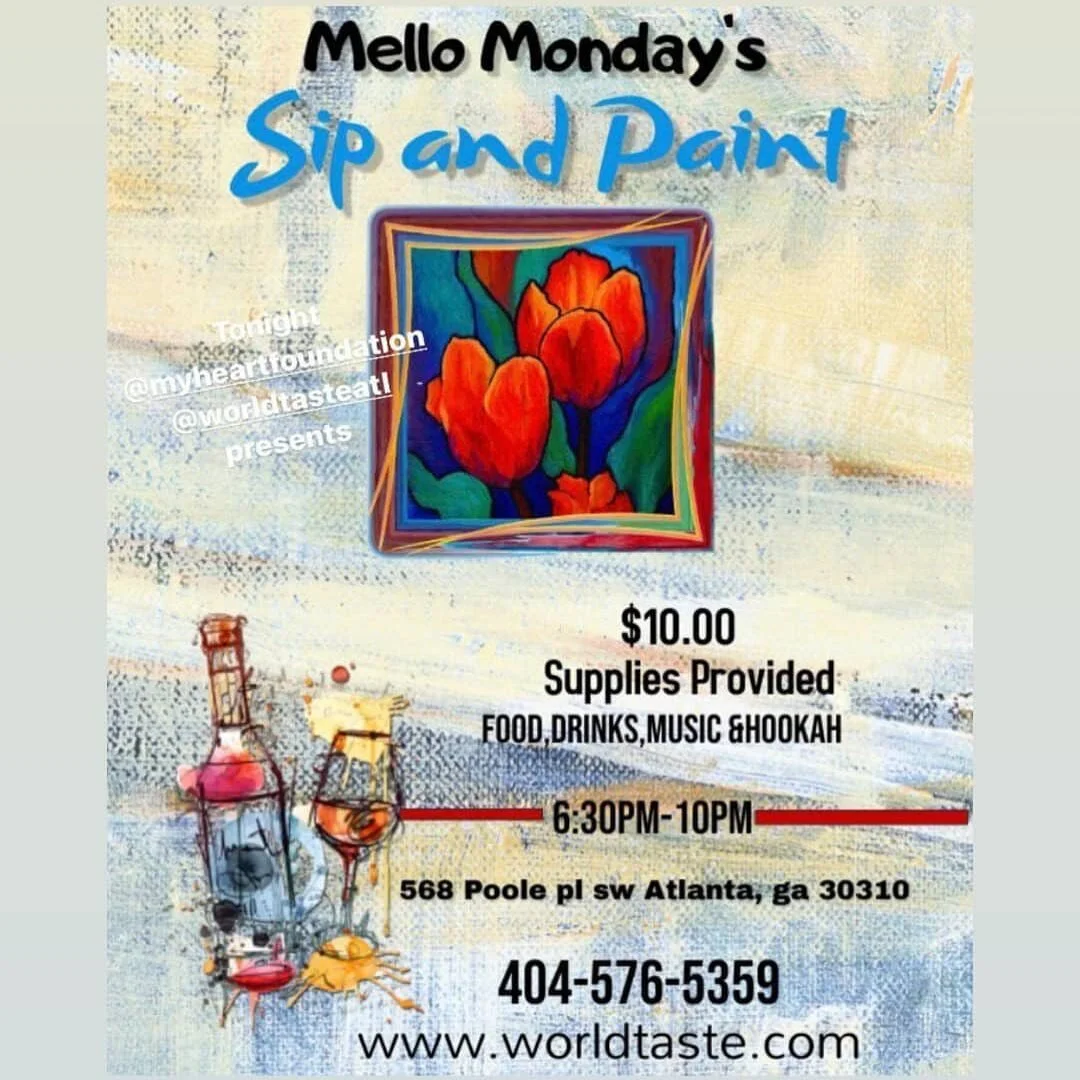 Finally, work is done! Now it&rsquo;s time for some fun! 

Grab your mask and come join us! We&rsquo;ll show you how to Mellow out your Monday properly! 🧘🏾&zwj;♂️🎨🍷🌮😎

#paintandsip #atlartist #atlfoodie #myheartfoundation #nonprofitorganization