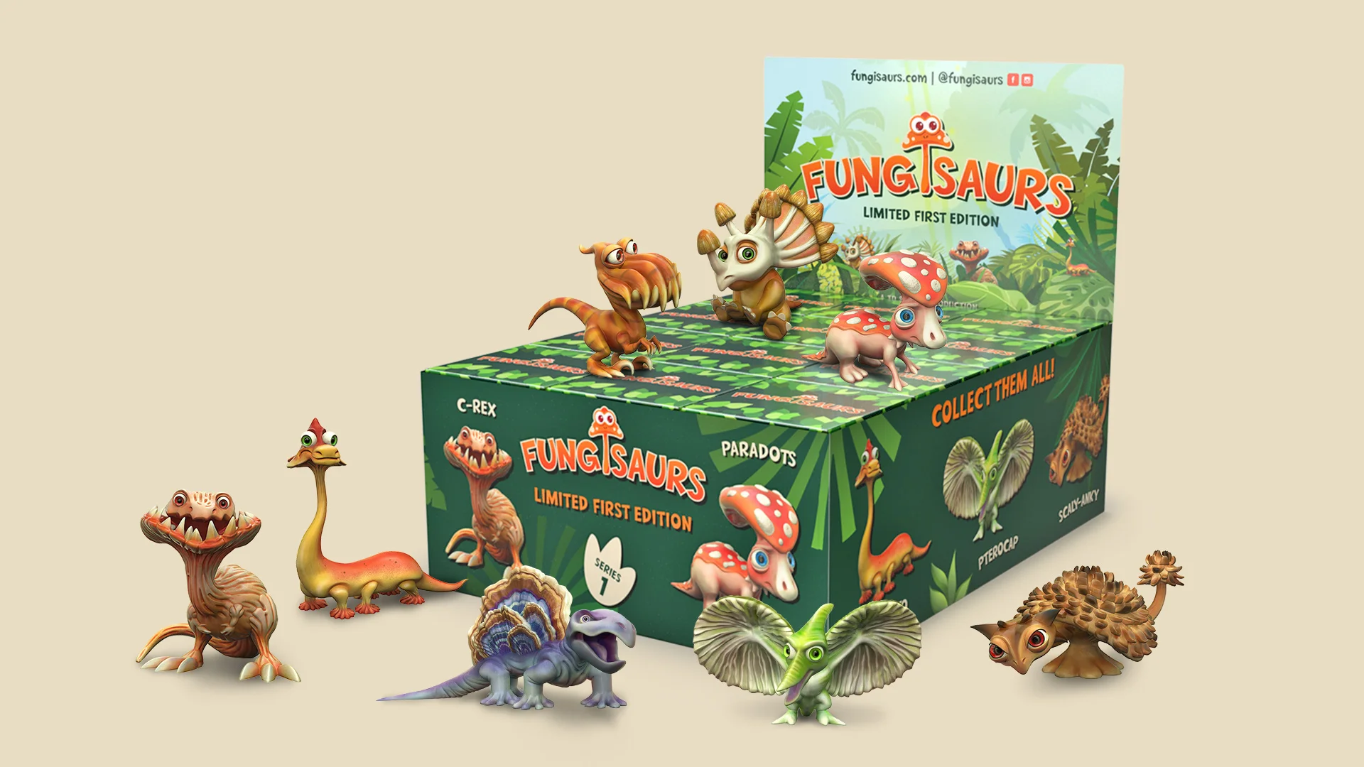 Toy packaging prototype along with all 8 series 1 Fungisaurs
