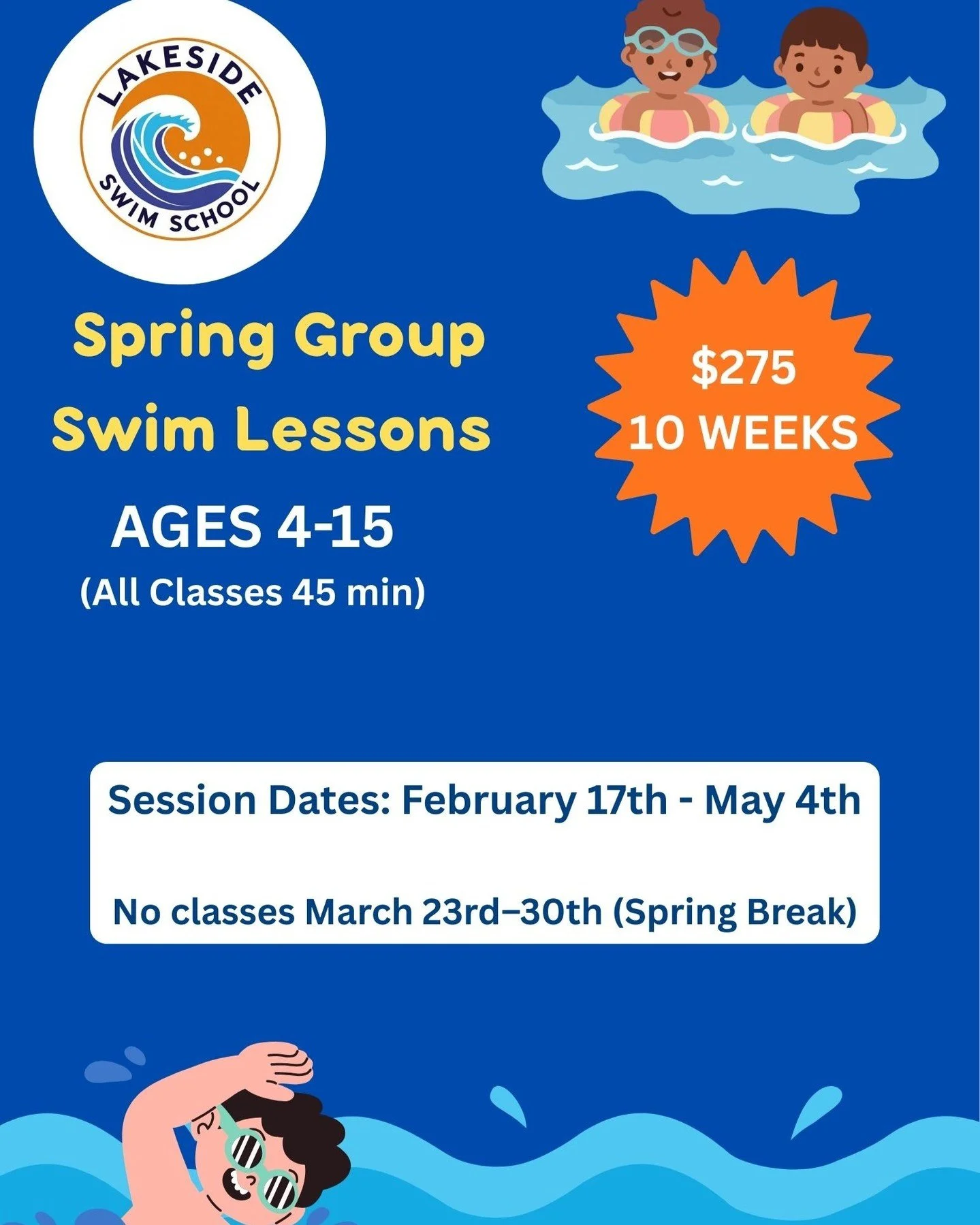 🌸 Spring Session 2026 Child Swim Lessons 🌸

Small groups. Real progress. Confident swimmers. 

Our small group format means more hands-on coaching, consistent instructors, and real skill development&mdash;not crowded, assembly-line lessons.

Our 10