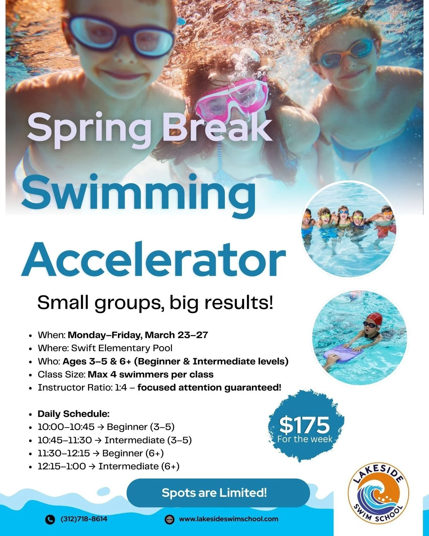 Looking for a productive spring break activity? Our Spring Break Swim Accelerator helps swimmers build confidence and skills fast with daily, small-group lessons.

&bull; 5 consecutive days of swim instruction
&bull; Only 4 swimmers per class
&bull; 
