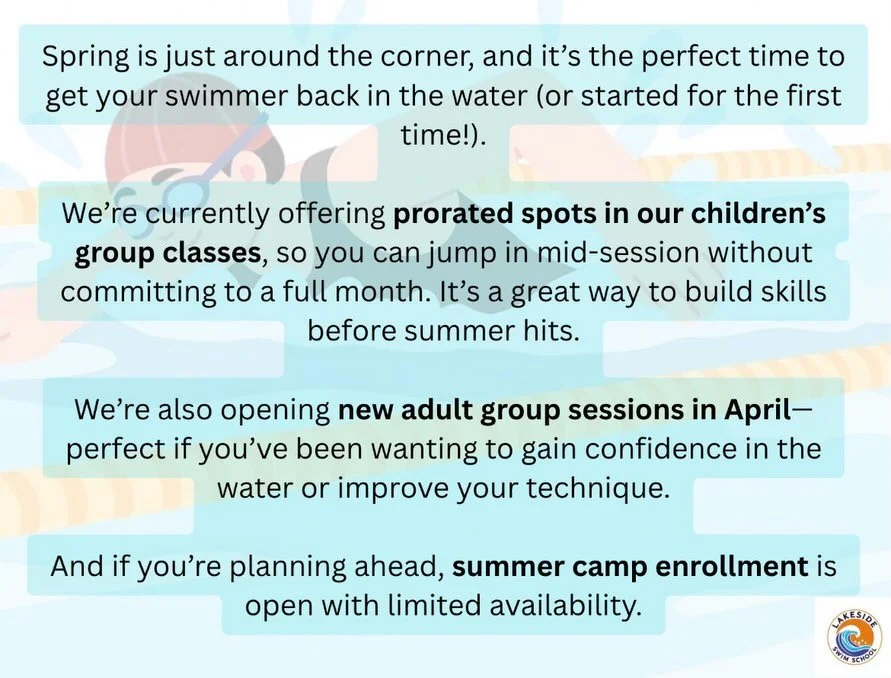 For more info visit our website at www.lakesideswimschool.com or call 312-718-8614. We hope to see you swimming with us this spring! #SwimLessons #WaterSafety #springactivities 
#KidsActivities #ConfidenceInTheWater