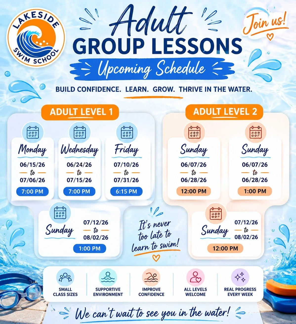 🏊&zwj;♀️ Learn. Grow. Thrive in the water. 🌊

Our new Adult Group Swim Lesson sessions are now enrolling at Lakeside Swim School 💙

✔️ Beginner friendly
✔️ Small supportive groups
✔️ Build confidence in the water
✔️ Improve technique &amp; enduran