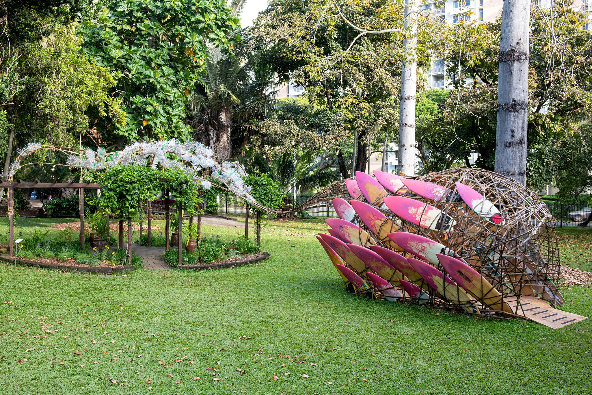   Leeroy New ,  Balete  and  Taklobo , 2022, Foster Botanical Garden, HT22. Courtesy of the artist and Hawai’i Contemporary. Photo: Christopher Rohrer. 