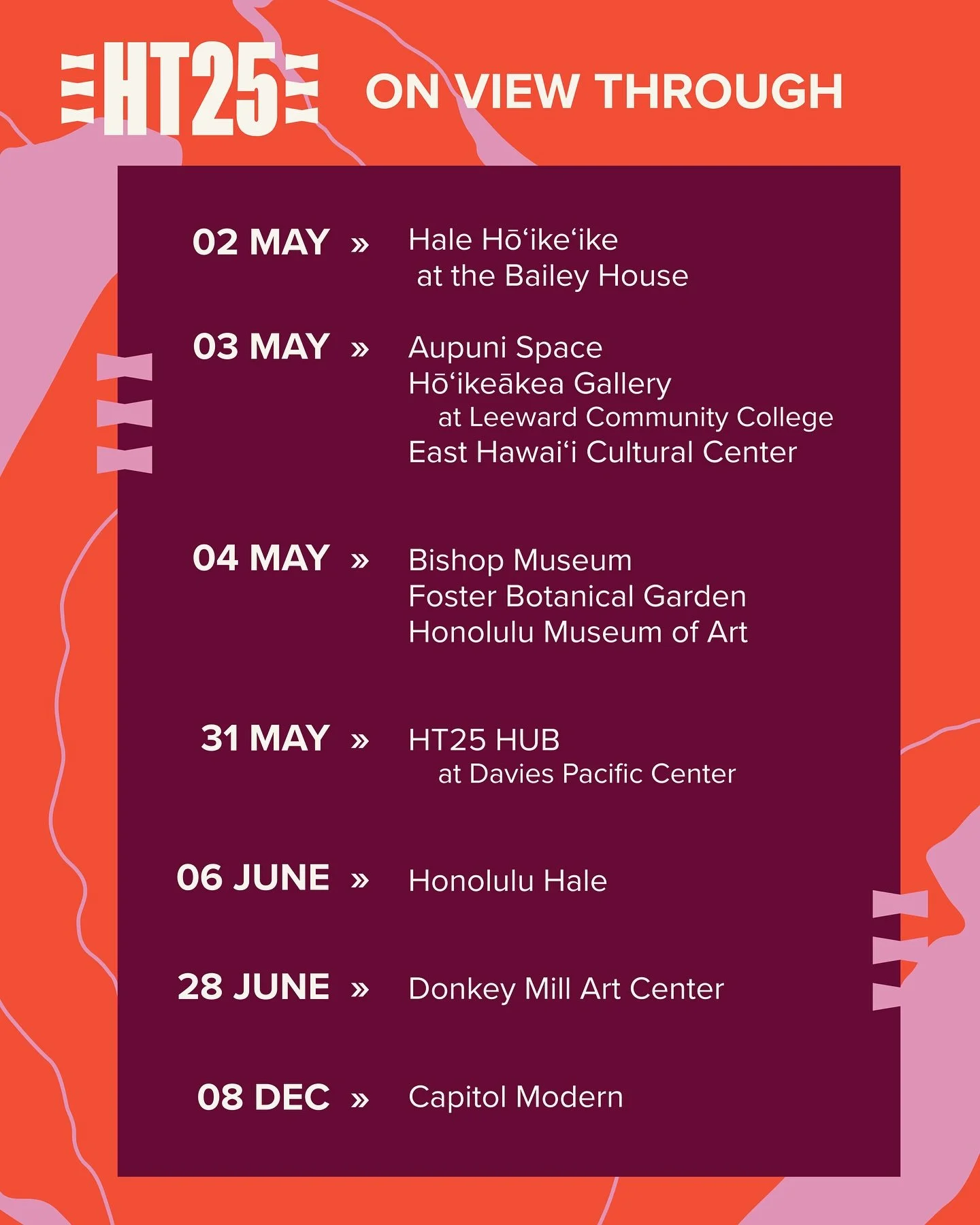 ✨ This is it. The last wave. The final sites. ✨
#HawaiiTriennial2025&mdash;Hawai&lsquo;i&rsquo;s largest thematic exhibition of contemporary art&mdash;is wrapping at select HT25 locations while other sites continue on for just a bit longer. ALOHA NŌ 