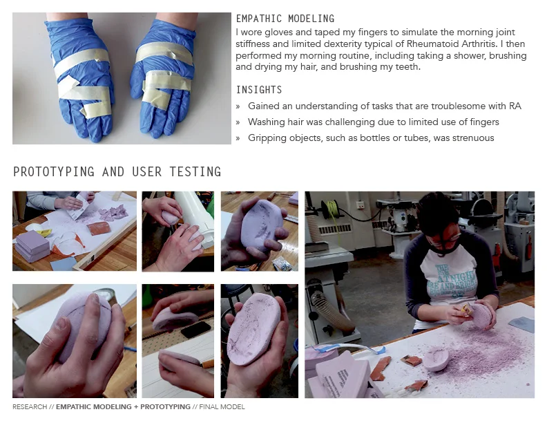 images of taped and gloved hands for empathic modeling research and images of prototypes being made