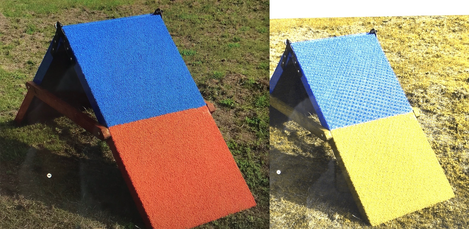 Orange appears as yellow and blends with ground