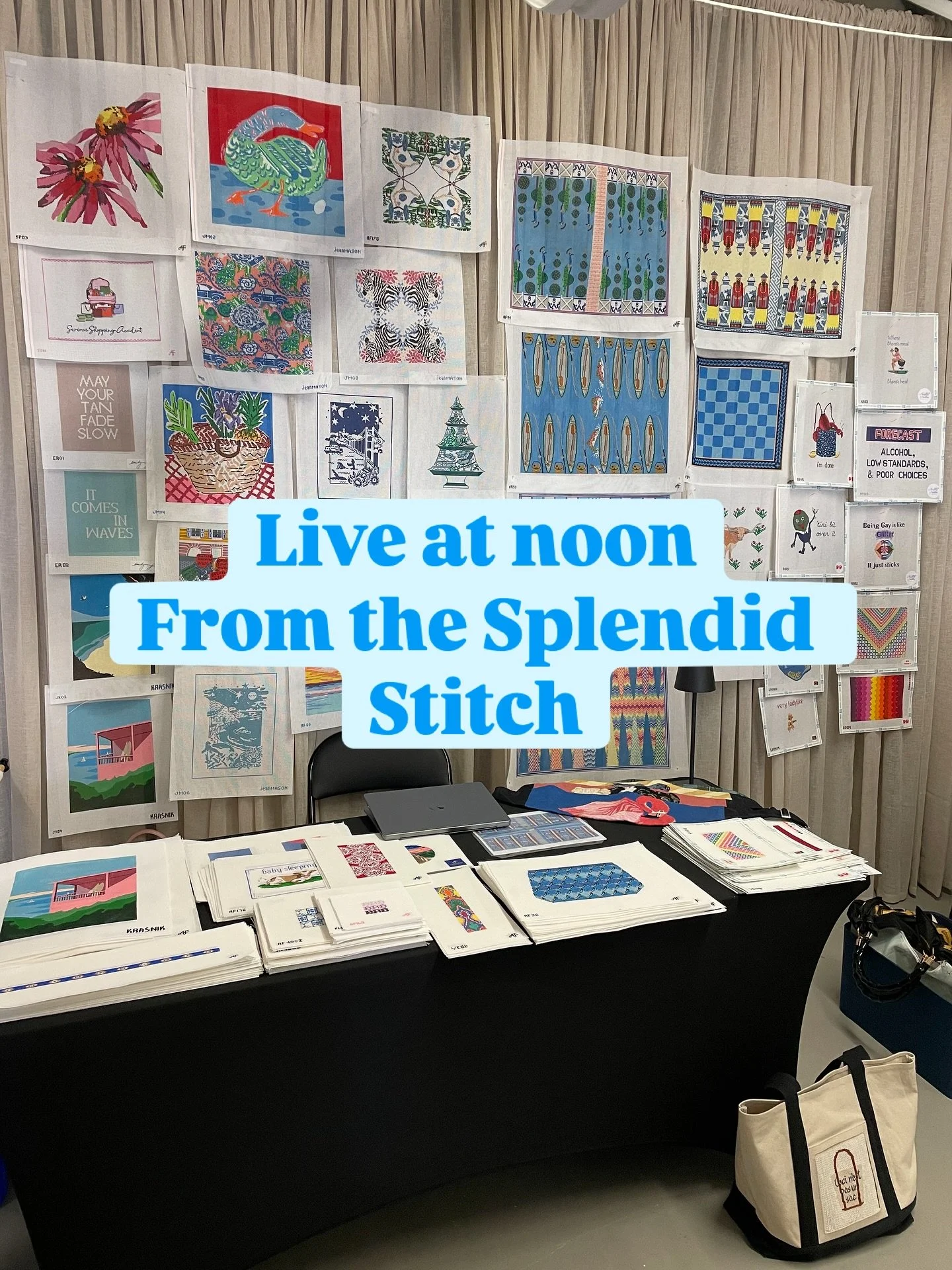 We are doing a LIVE at noon from @splendidstitchhamptons  Join us to see the trunk shows from @audra_stitches @kristinekingstondesigns and @annefisherneedlepoint