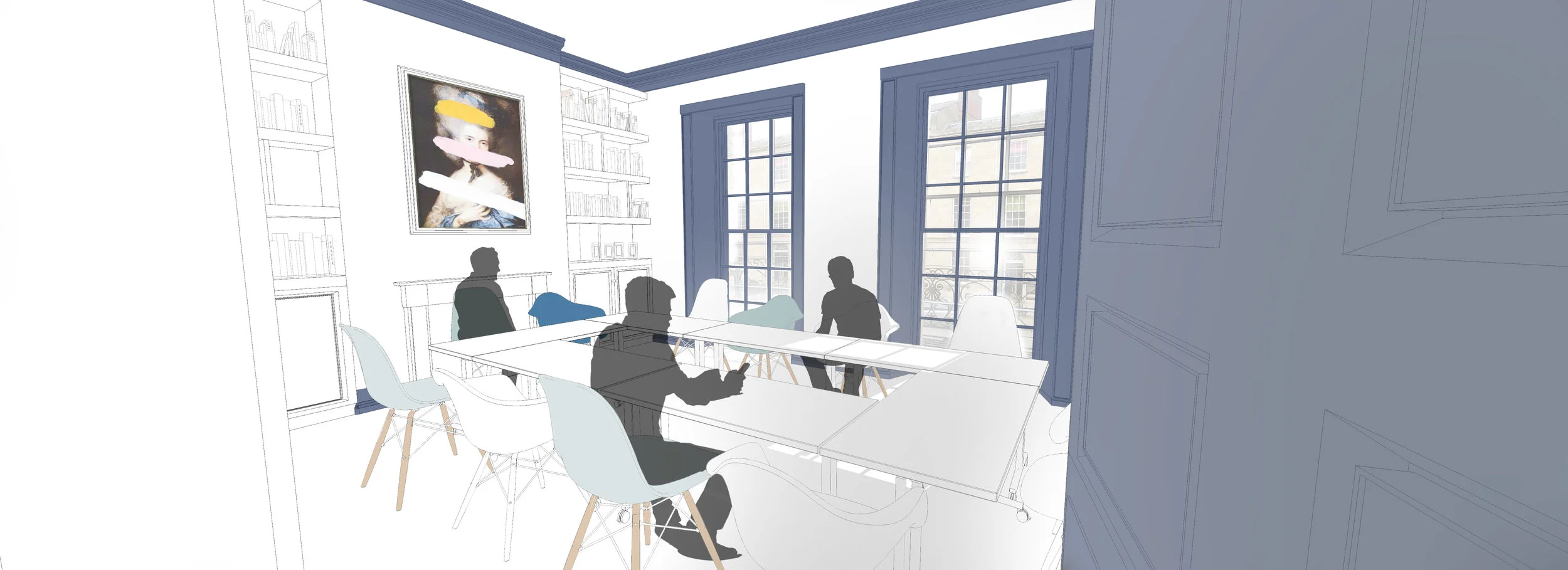 ‘’The colour should be more calming to balance with the vibrancy of the discussions and classes. That’s why we have used the colour Blue’’ - Sketch Visual 3Equals1 Design