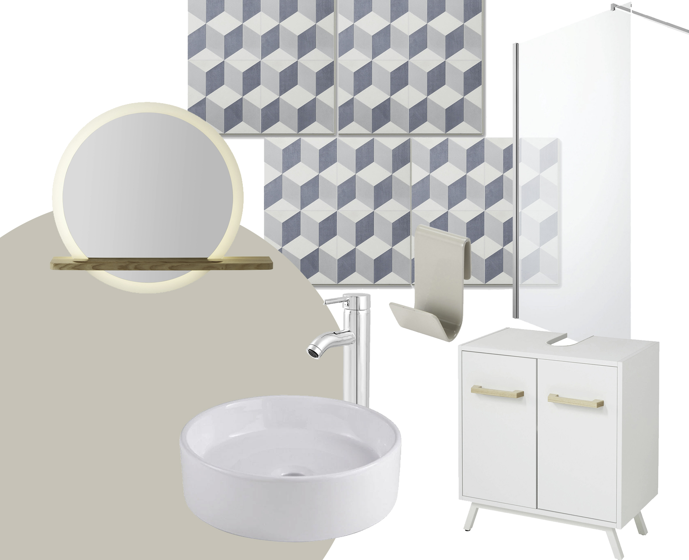 From left to right: GoodHome bathroom paint in Cancun; GoodHome Adriska mirror; GoodHome Scalea basin; GoodHome Poprock vinyl tiles; GoodHome Hoffell tall basin mixer; GoodHome Amantea storage hook; GoodHome Ladoga basin unit; GoodHome Beloya shower screen