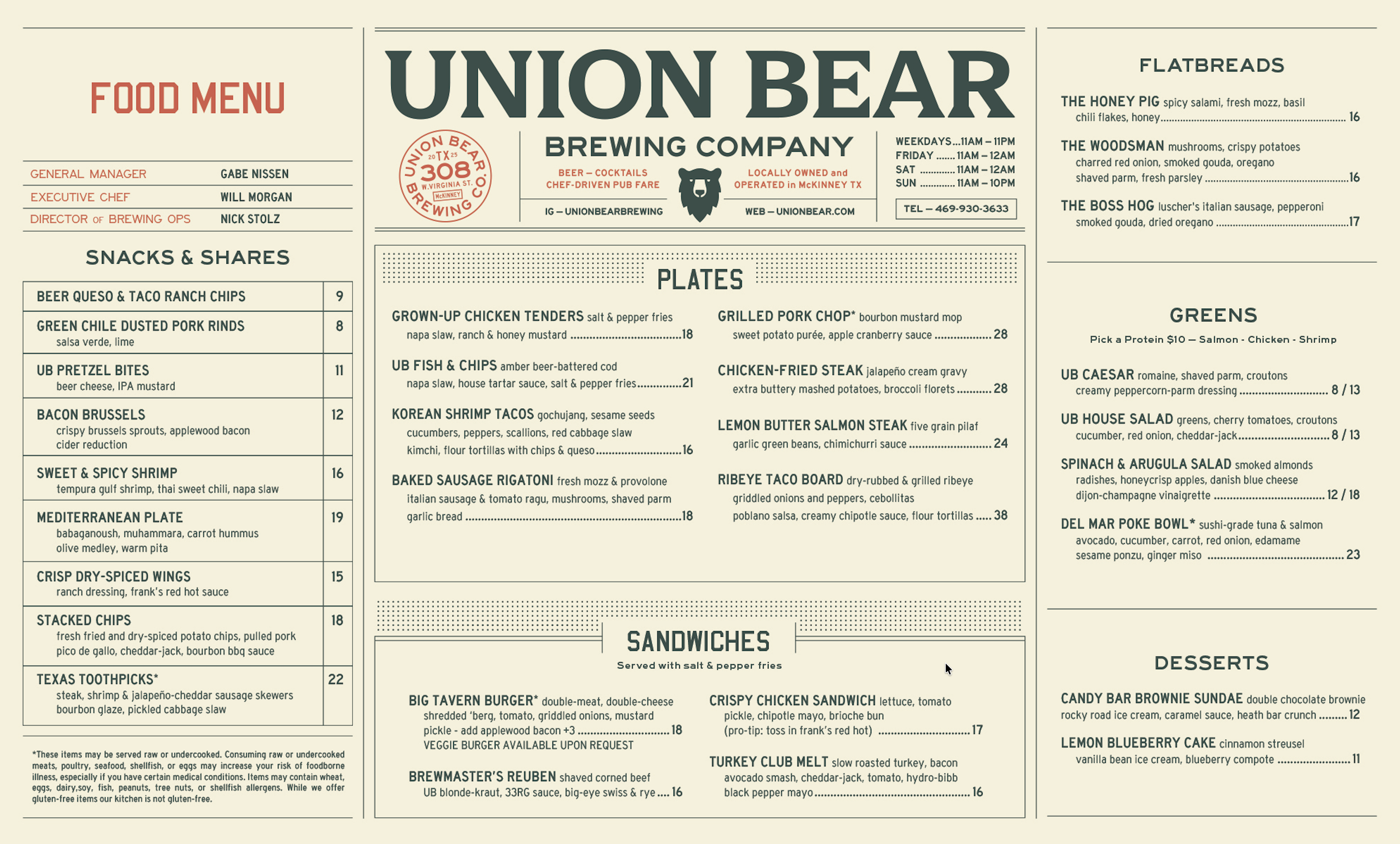 A restaurant menu from Union Bear Brewing Company listing various food and drink options, including snacks, plates, sandwiches, greens, desserts, and flatbreads.