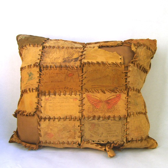 Vintage leather postcard pillow, early 1900's